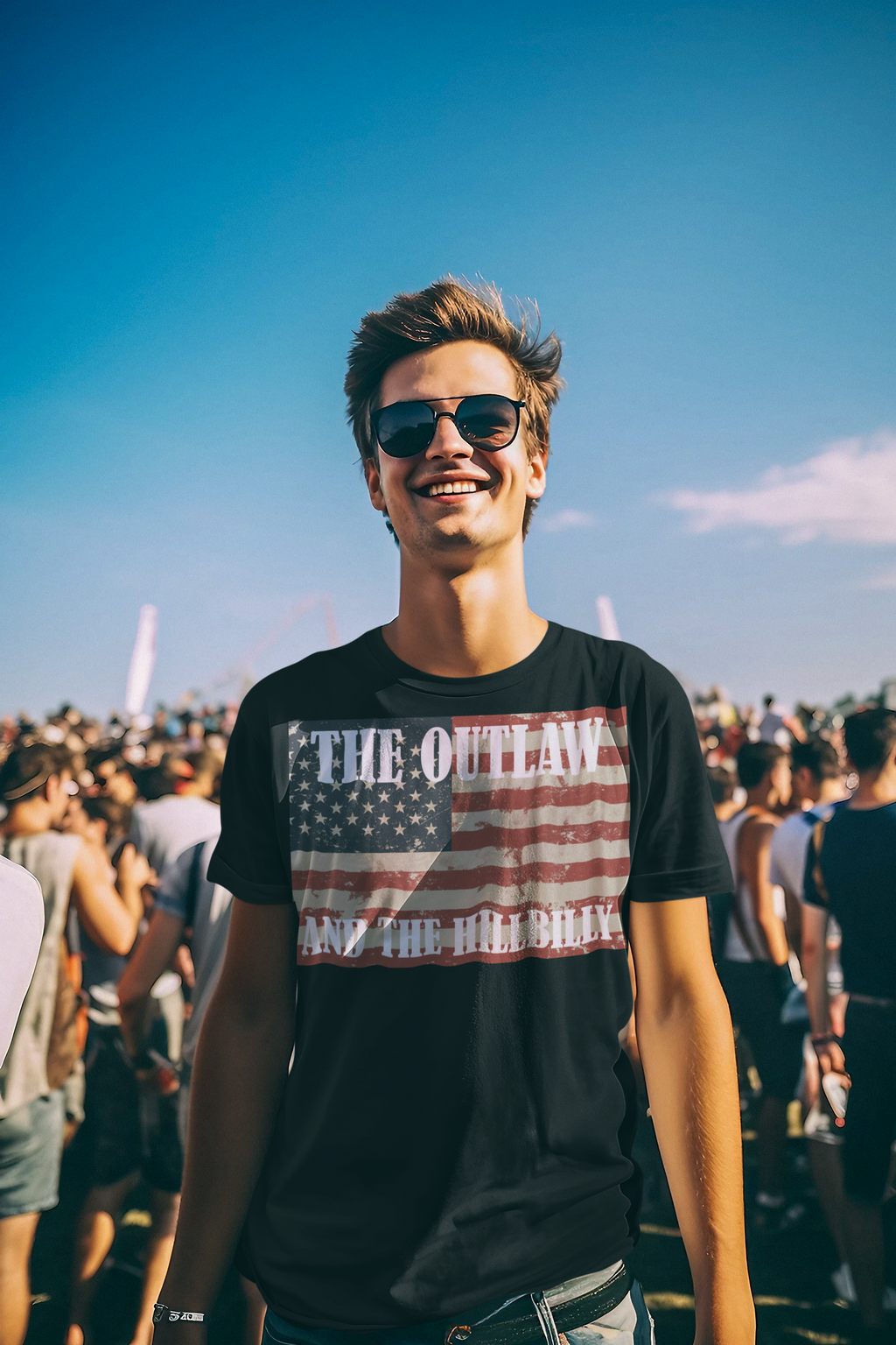 Smiling man wearing Patriotic Conservative Apparel for Men with American flag design at a festival.
