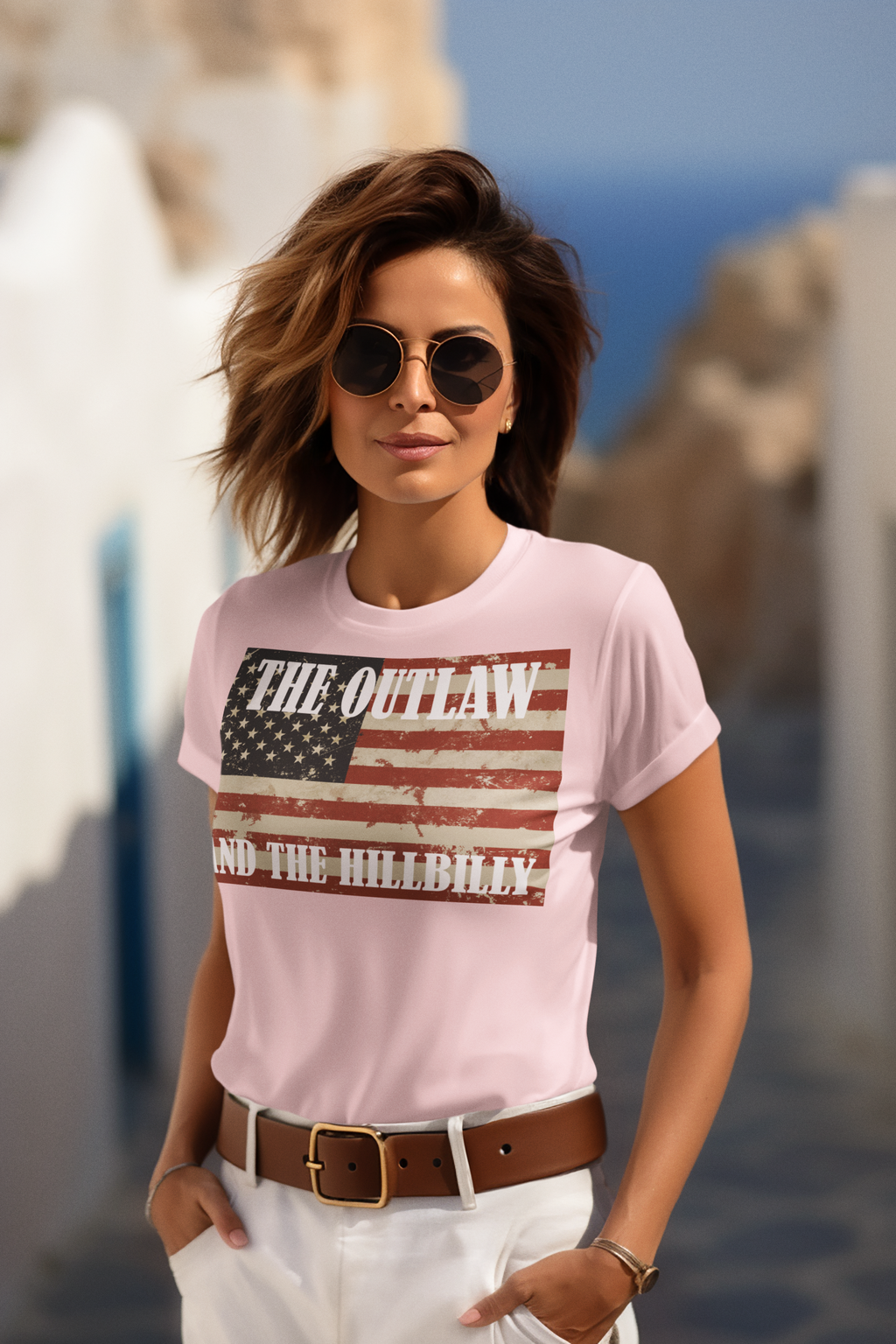 Patriotic Conservative Apparel for Men featuring a woman in a pink shirt with a distressed American flag design.
