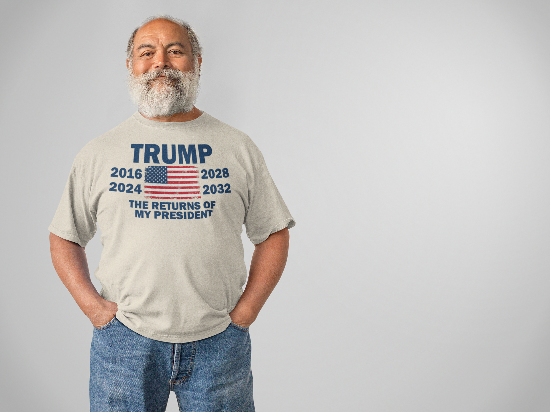 Man wearing a light gray t-shirt with the phrase 'Trump The Returns Of My President' and years 2016, 2024, 2028, 2032.