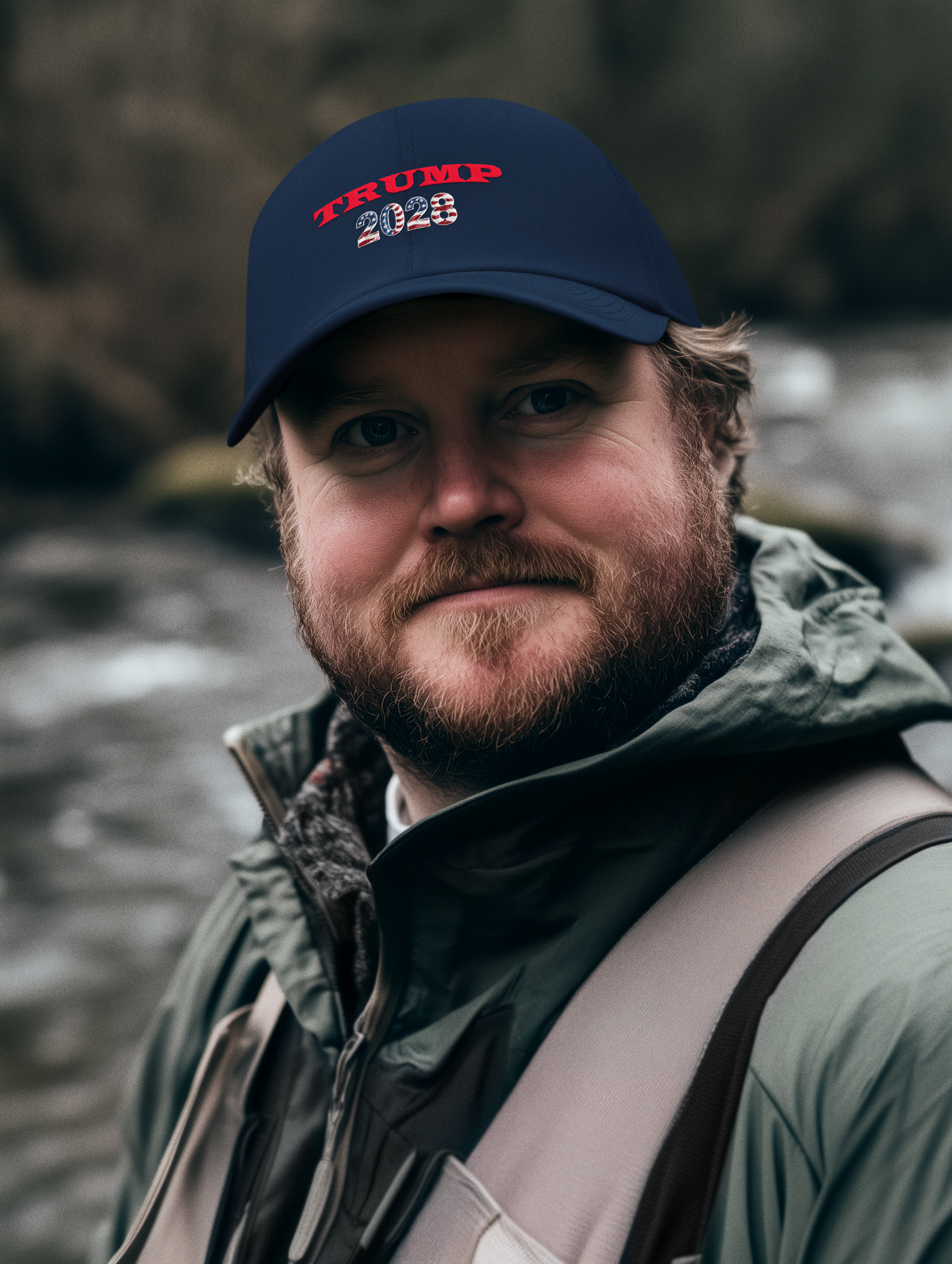Man wearing a Trump 2028 - Foam Mesh-Back Trucker Cap by the river, supporting conservative values.