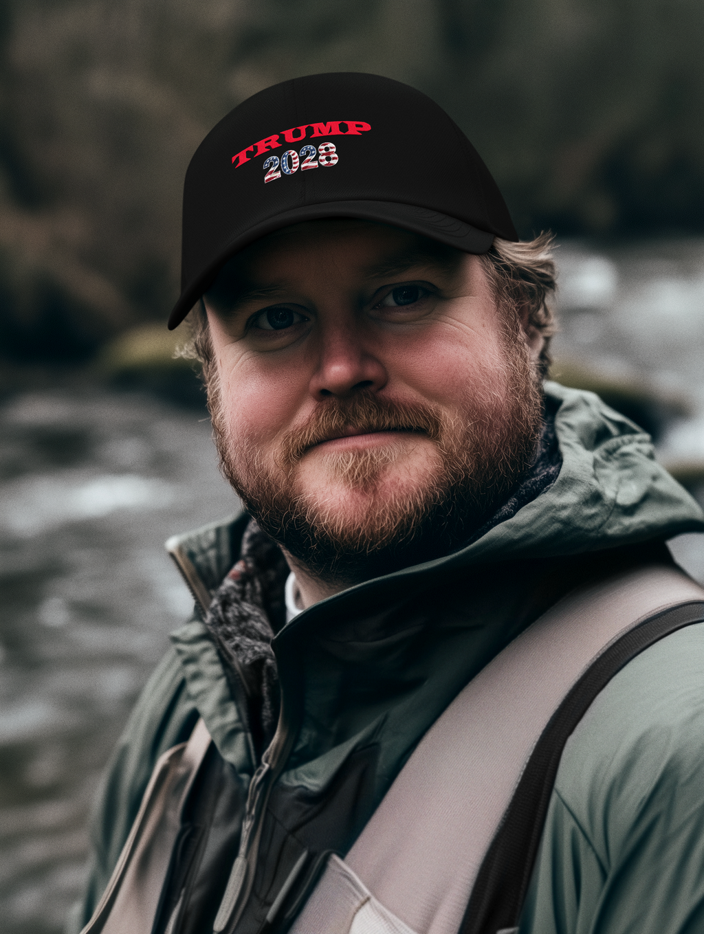Man wearing Trump 2028 - Foam Mesh-Back Trucker Cap by a river