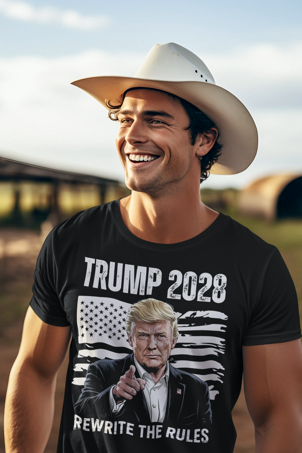 Man wearing a shirt featuring Trump 2028 On American Flag Rewrite The Rules, smiling outdoors in a cowboy hat.