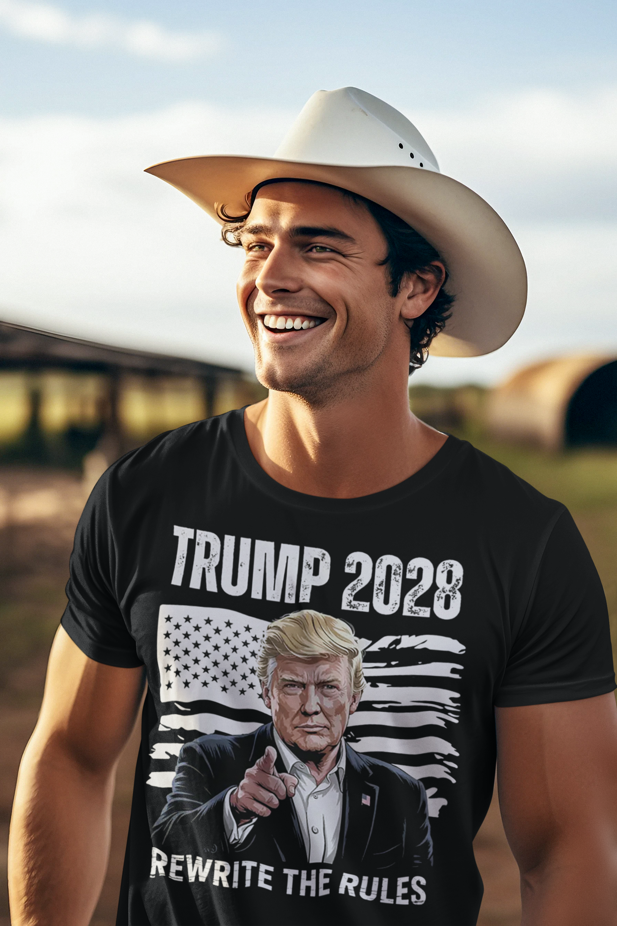 Man wearing a shirt featuring Trump 2028 On American Flag Rewrite The Rules, smiling outdoors in a cowboy hat.