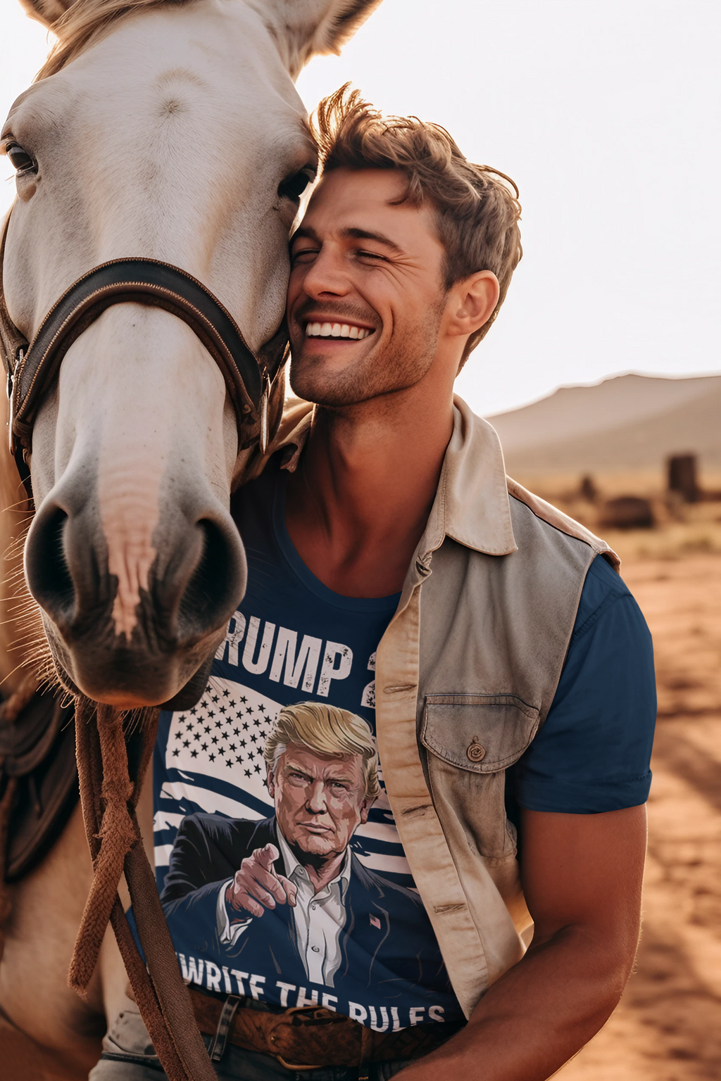 Trump 2028 On American Flag Rewrite The Rules apparel on a smiling man with a horse in a scenic outdoor setting.