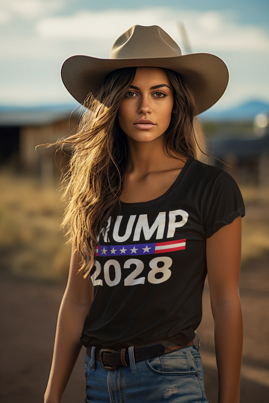 Model wearing Trump 2028 Stars Stripes Graphic Tee in a natural setting, showcasing patriotism and style.