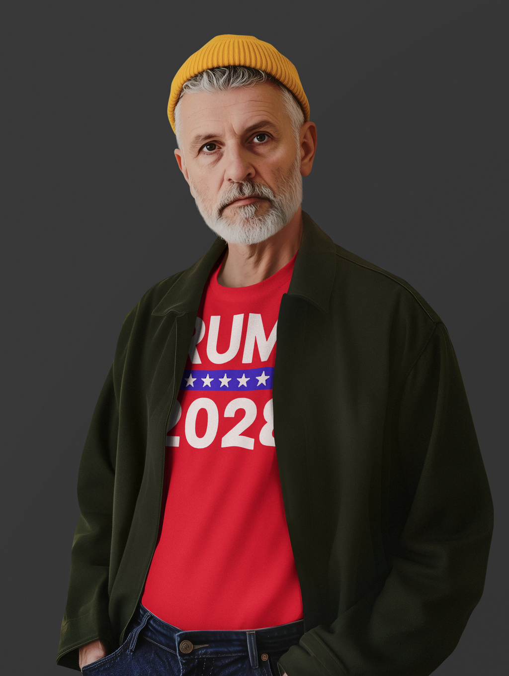 A man wearing a red Trump 2028 Stars Stripes Graphic Tee and a yellow beanie, promoting patriotic values.