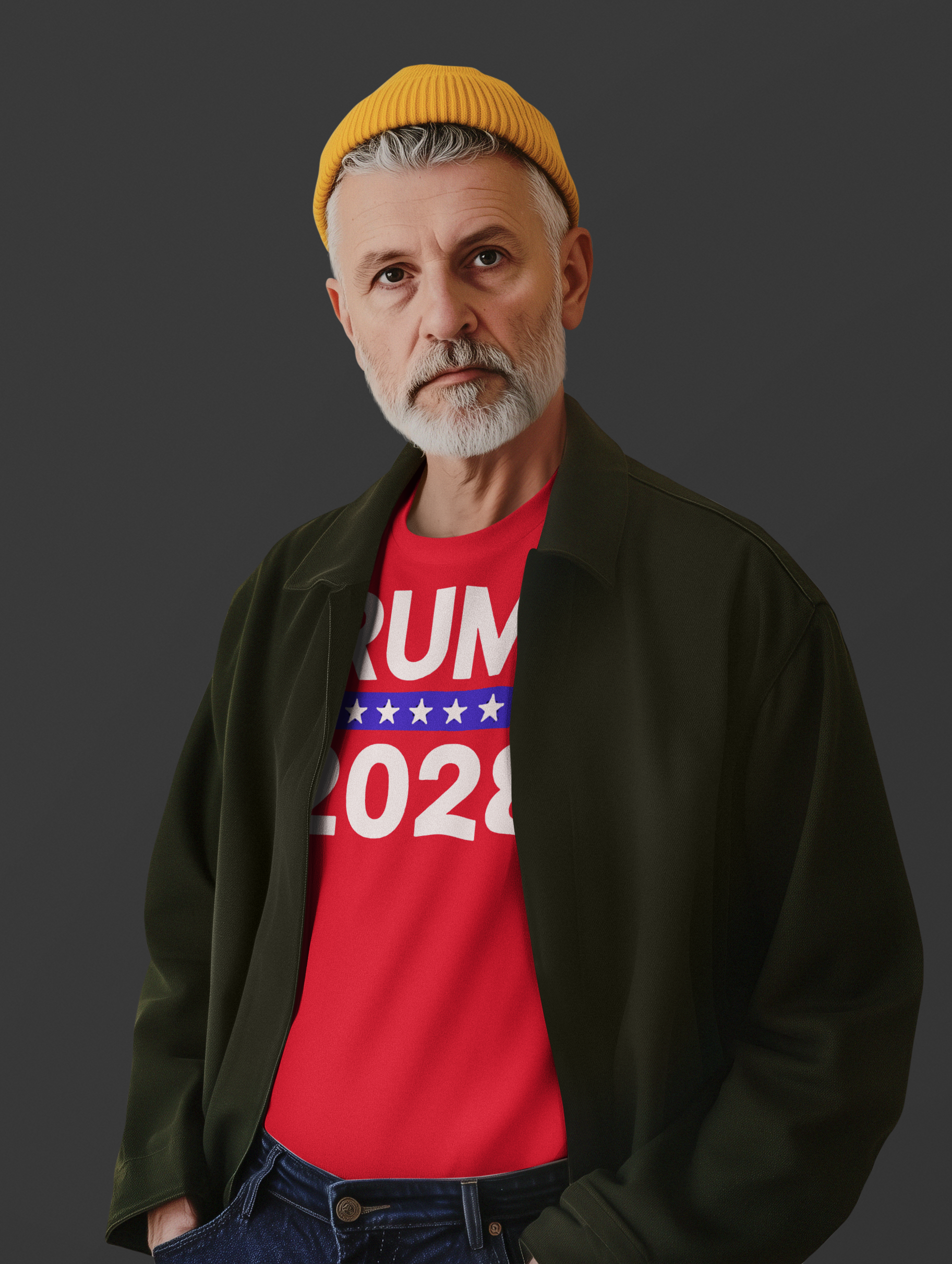 A man wearing a red Trump 2028 Stars Stripes Graphic Tee and a yellow beanie, promoting patriotic values.