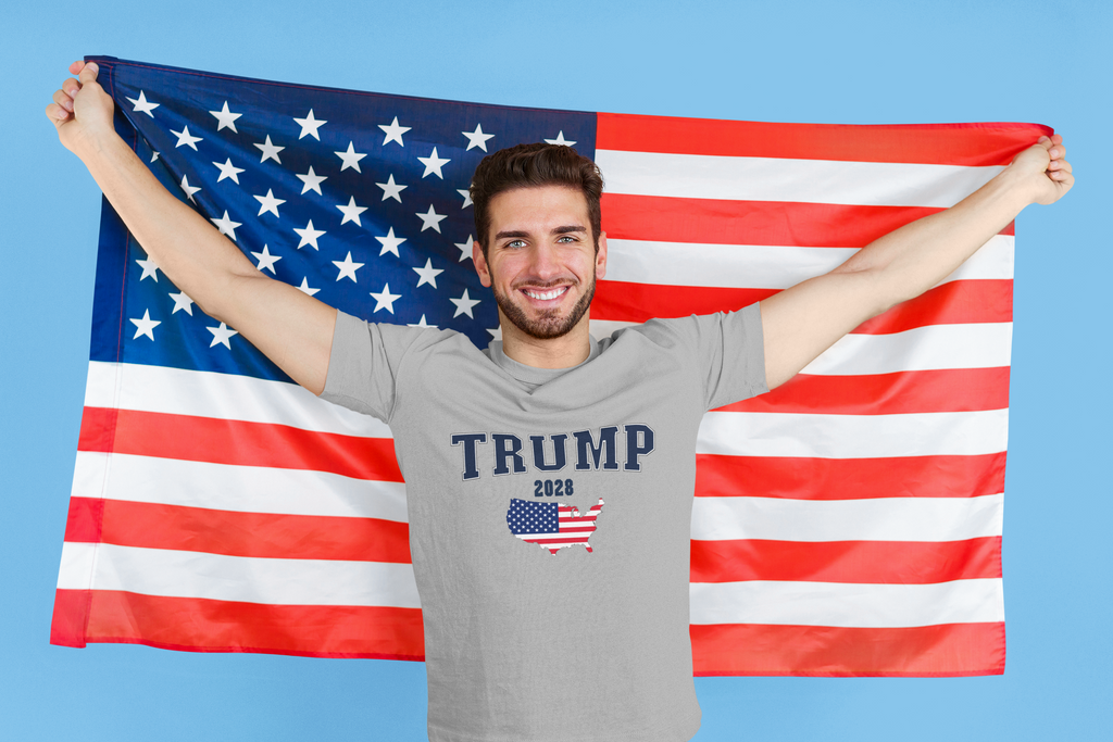 Trump USA Flag Portrait Graphic tee worn by a man holding an American flag, showcasing patriotic pride.