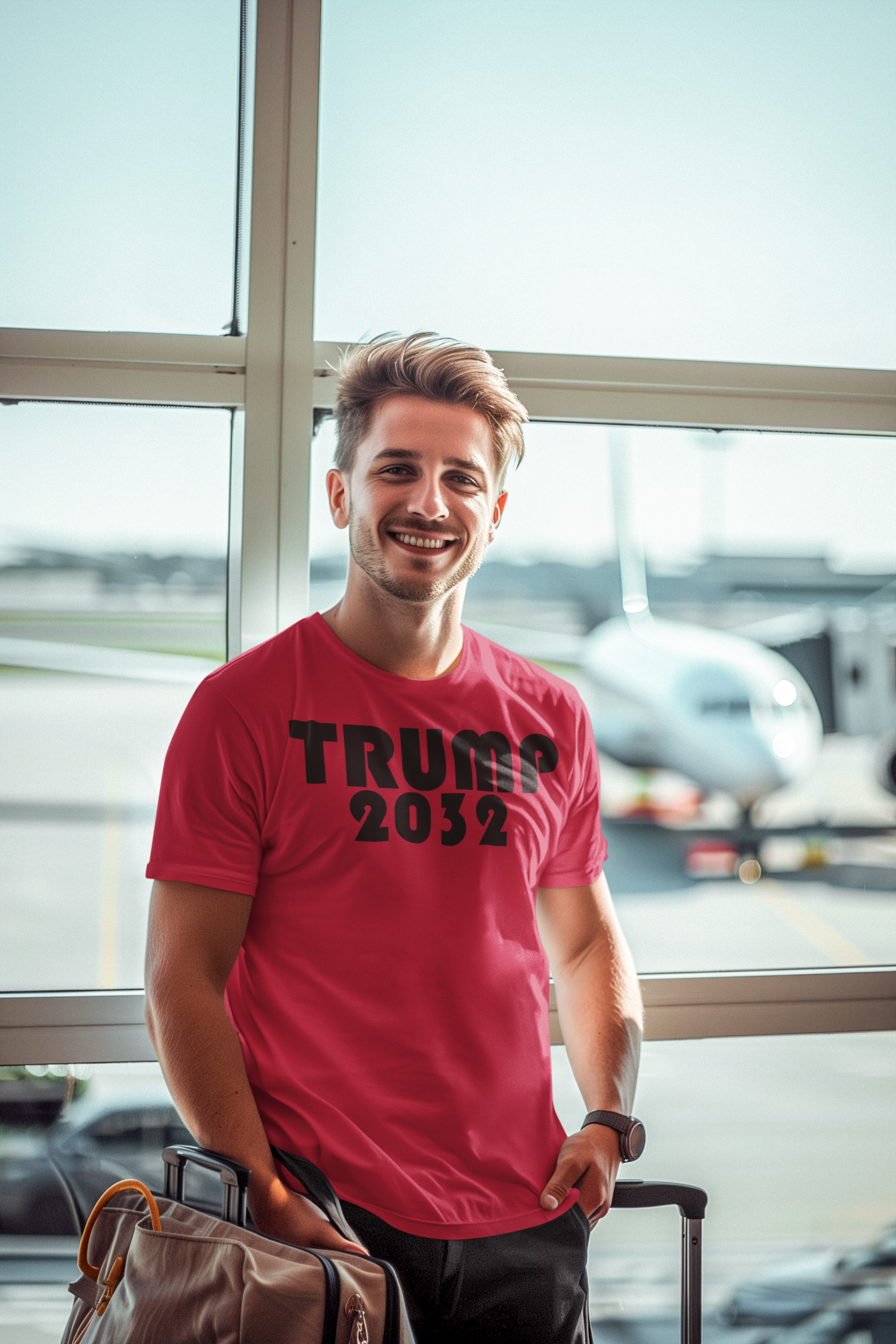 Smile of a man in a pink t-shirt saying 'TRUMP 2032', at an airport, showcasing Trump 2032 Red Print Style Gear.