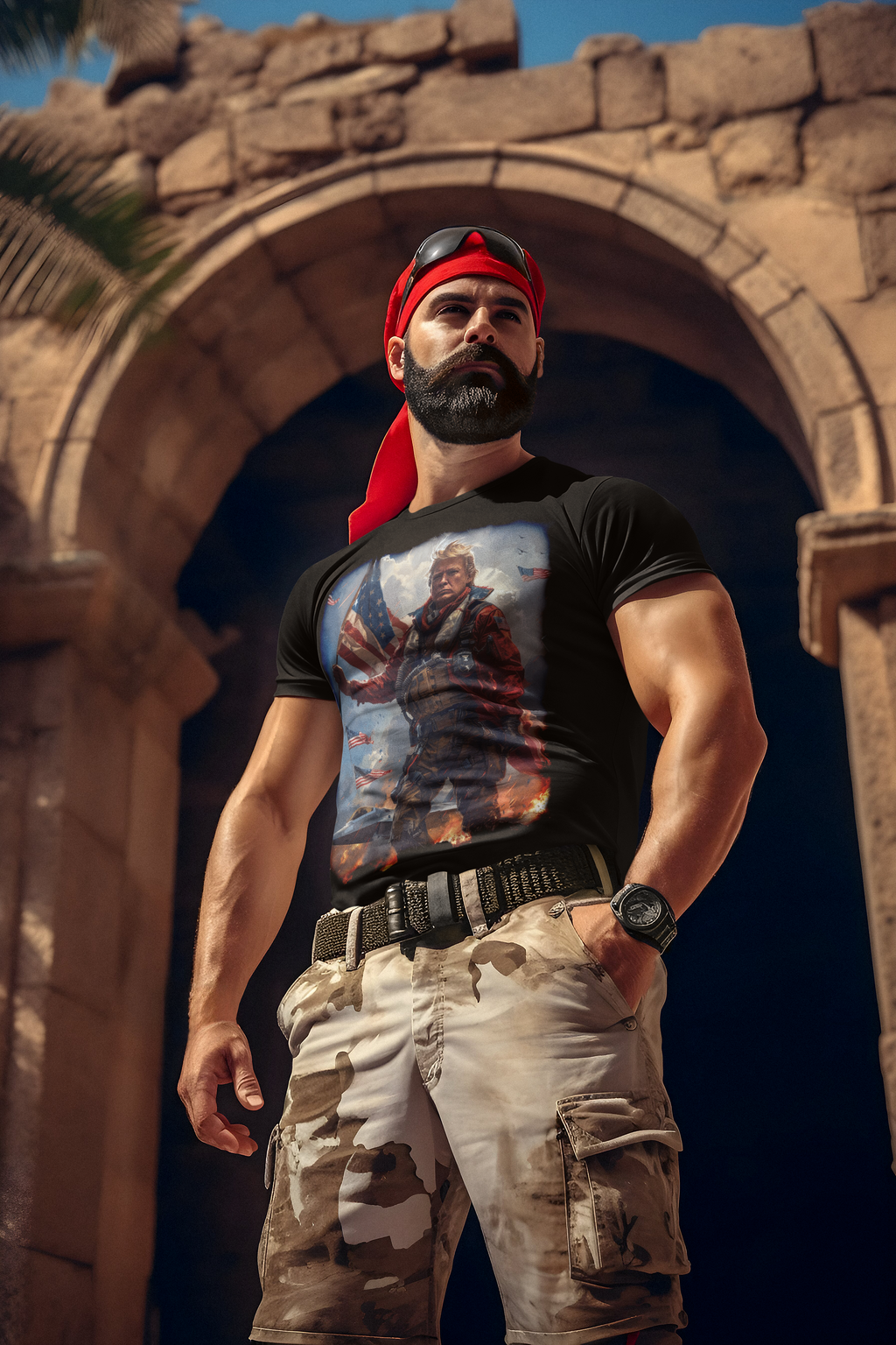 Man wearing Trump Fighter Pilot Apparel Art shirt in historical setting, showcasing patriotic style.