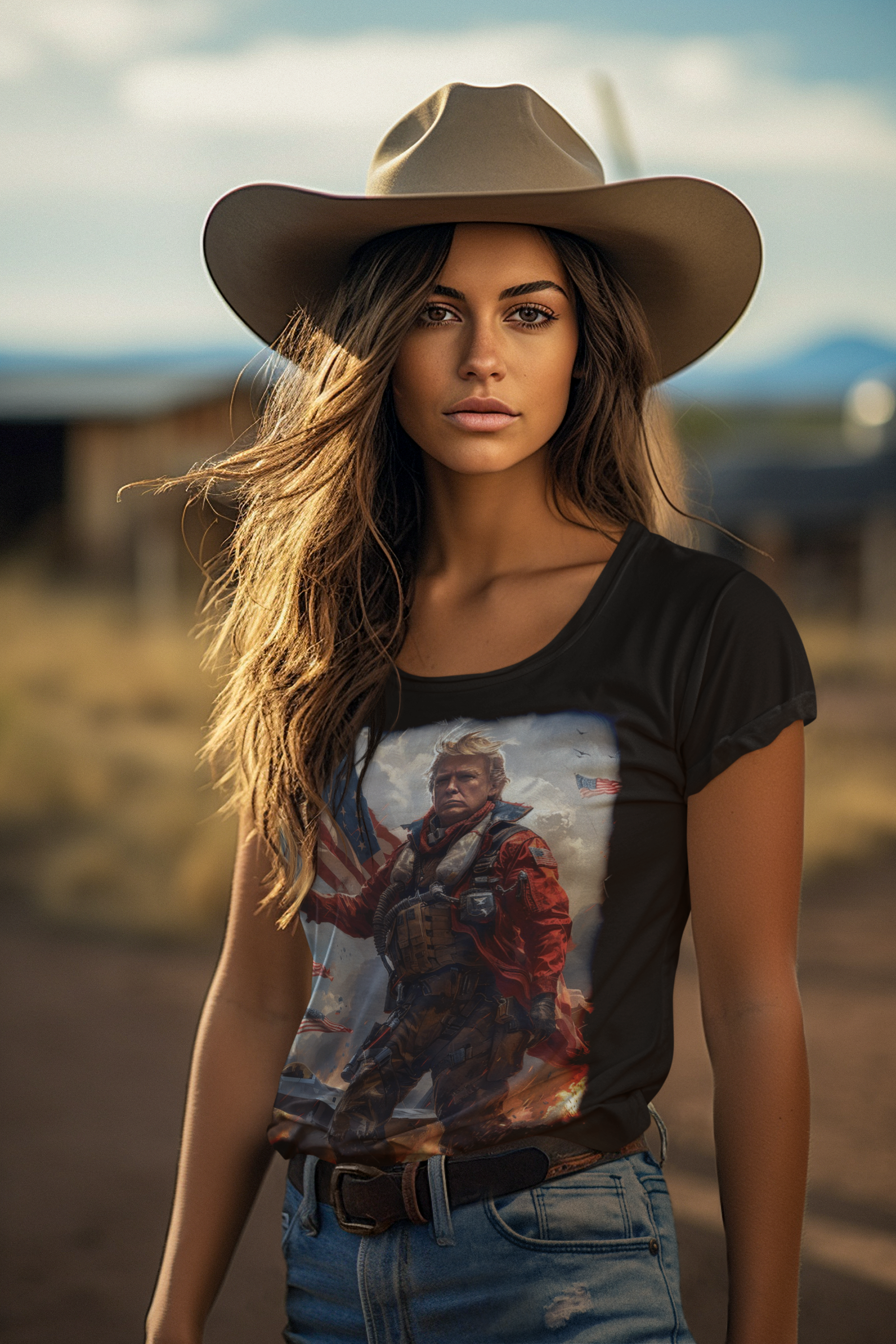 Trump Fighter Pilot Apparel Art shirt featuring a woman outdoors wearing a stylish hat, promoting patriotic values.