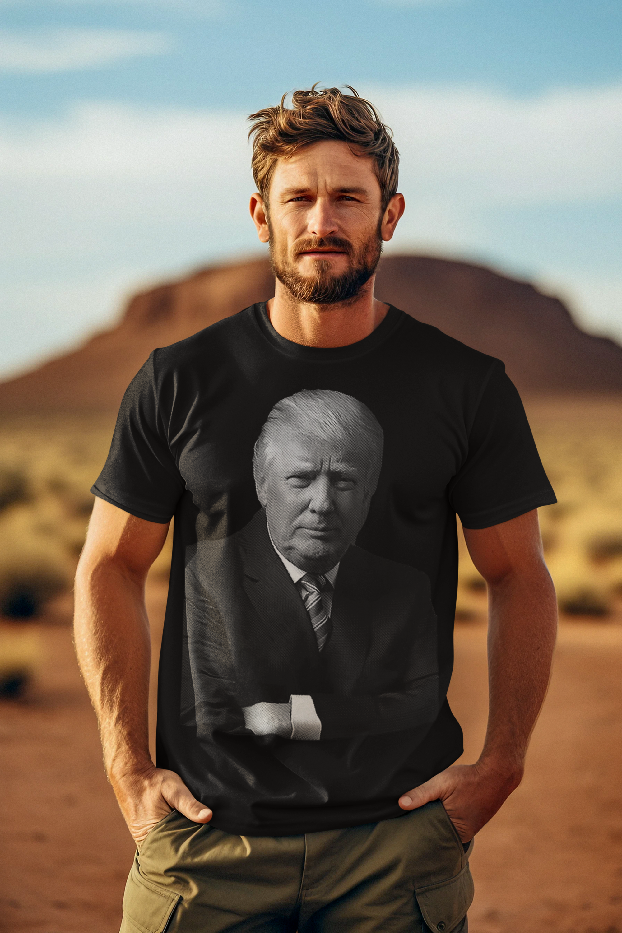 Trump Confident Crossed Arms Art graphic tee featuring a portrait of Donald Trump.