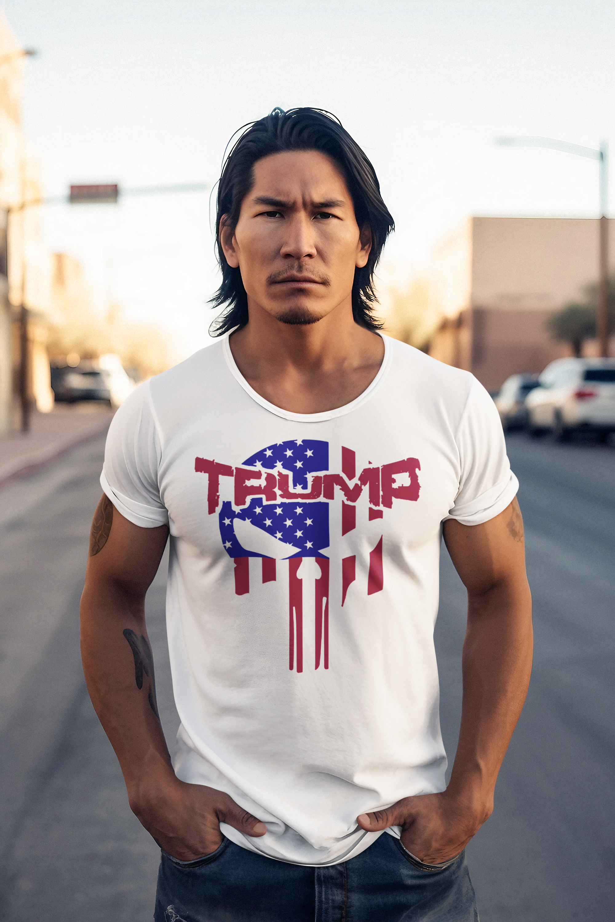 Trump Punisher In Stars And Stripes t-shirt worn by a model on a city street.