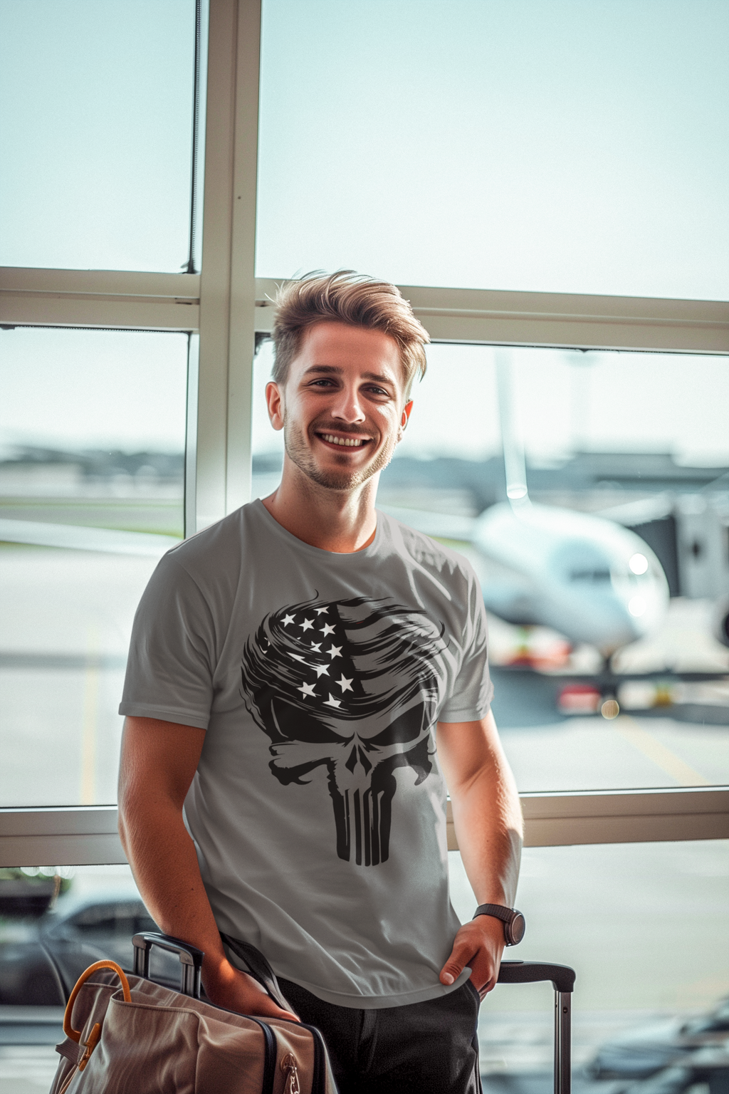 Happy man wearing a Trump Punisher Custom Print Tee at the airport with planes in the background.