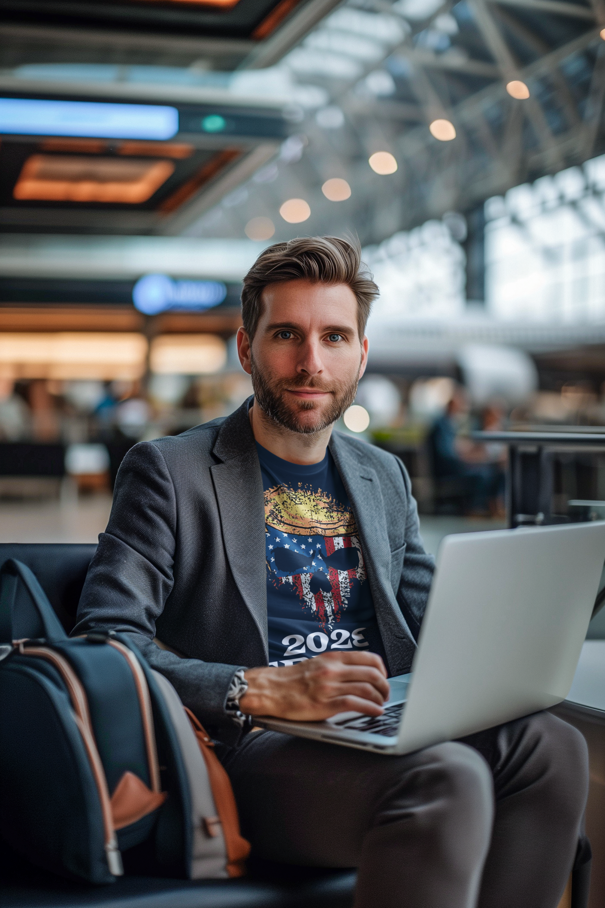 Man wearing Trump Punisher 2028 Apparel Art shirt working on laptop at airport lounge.