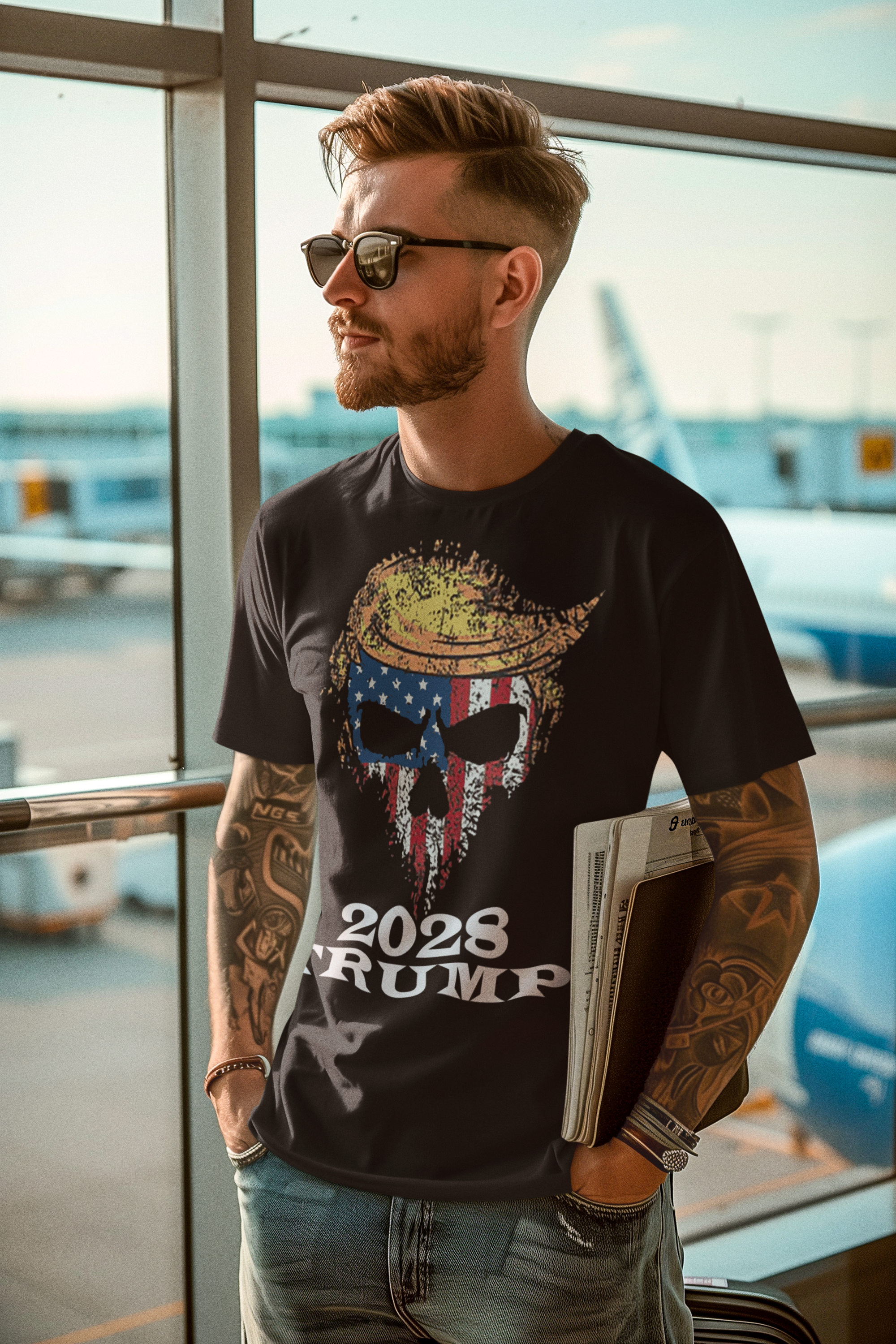 Man wearing Trump Punisher 2028 Apparel Art t-shirt at the airport, showcasing patriotic design and bold graphics.