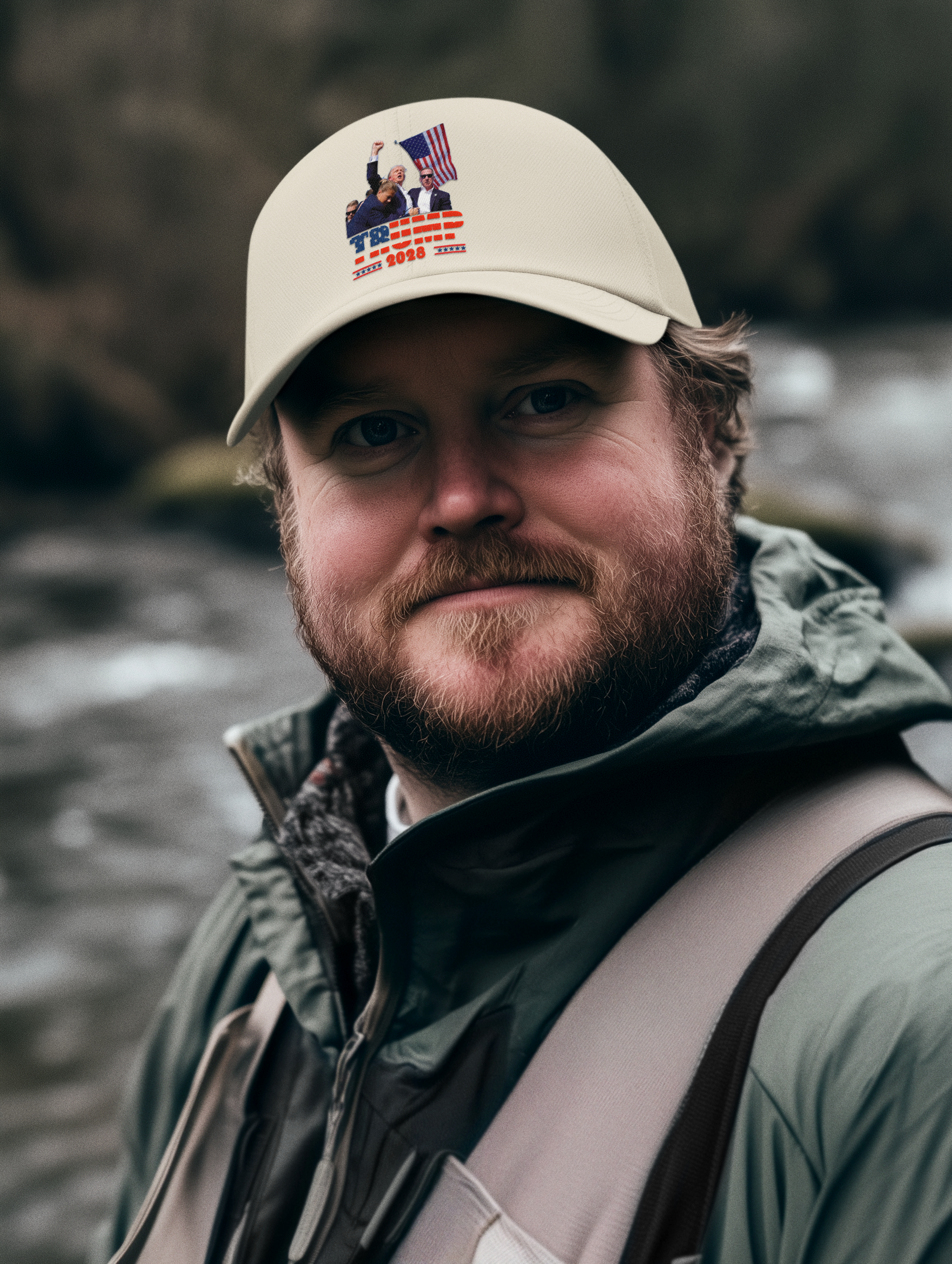 A man wearing a hat featuring the Trump Shot 2028 Graphic Design by a river, showcasing his support and community spirit.