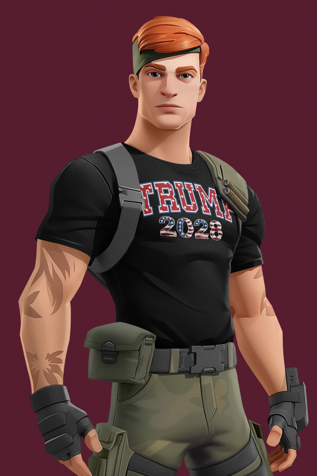Trump 2028 Flag Design Graphic featuring a character in military-style attire and a patriotic shirt.