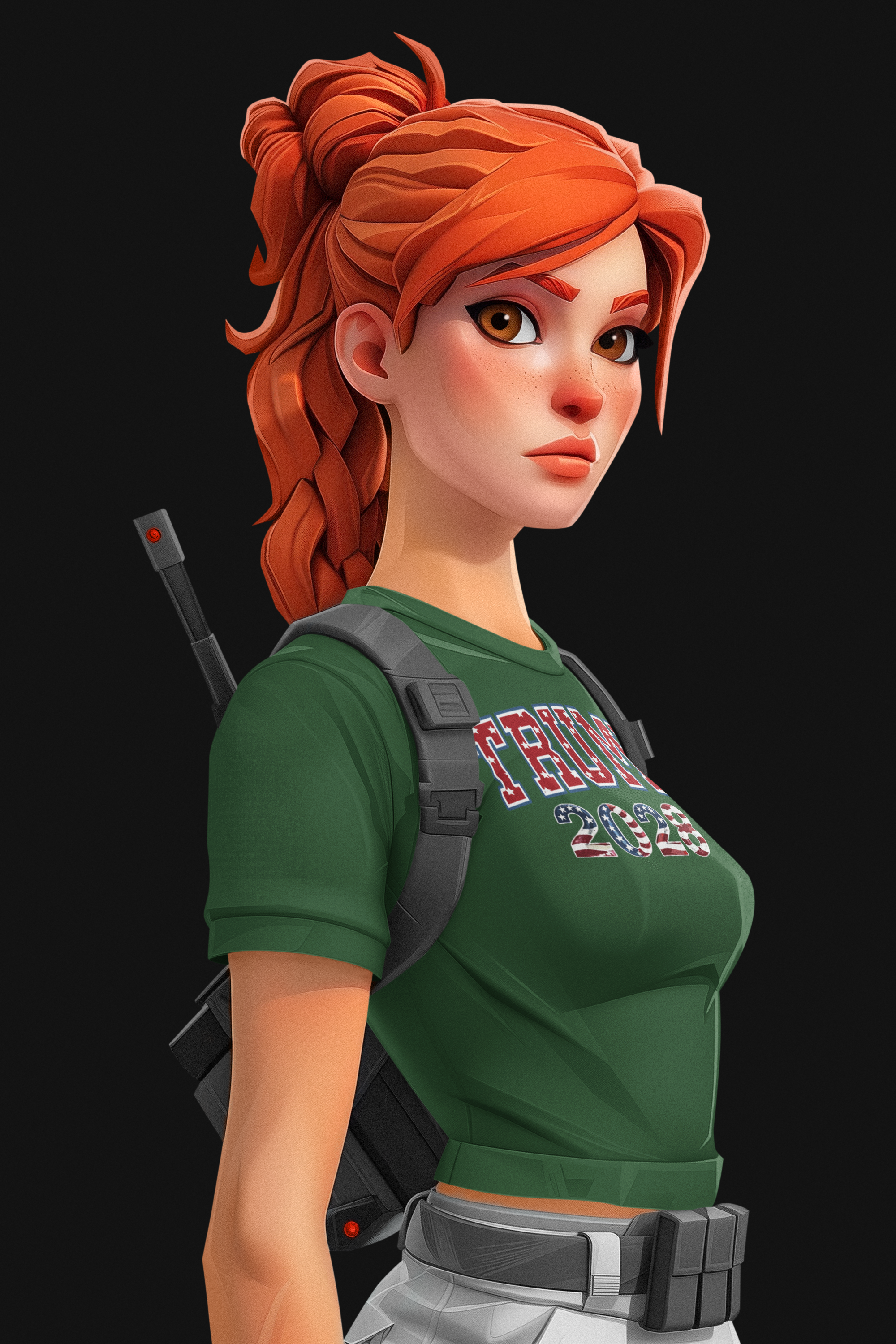 Trump 2028 Flag Design Graphic featuring a female character in a green shirt and tactical gear.