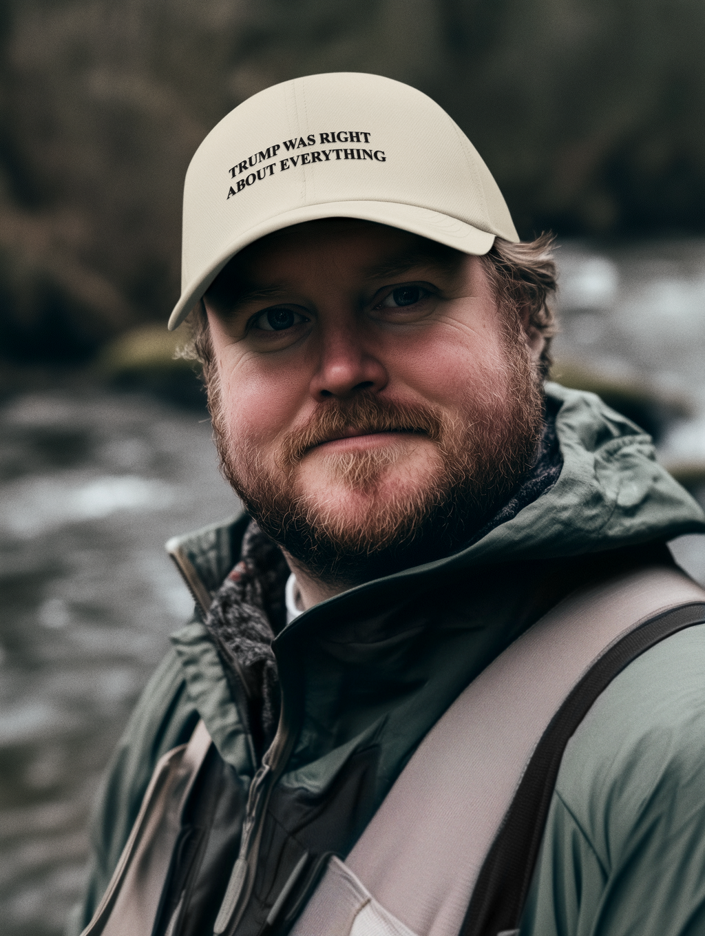 Man wearing a cap that says 'Trump Was Right About Everything’ by the water, representing the Trump Right Everything Blk Font.