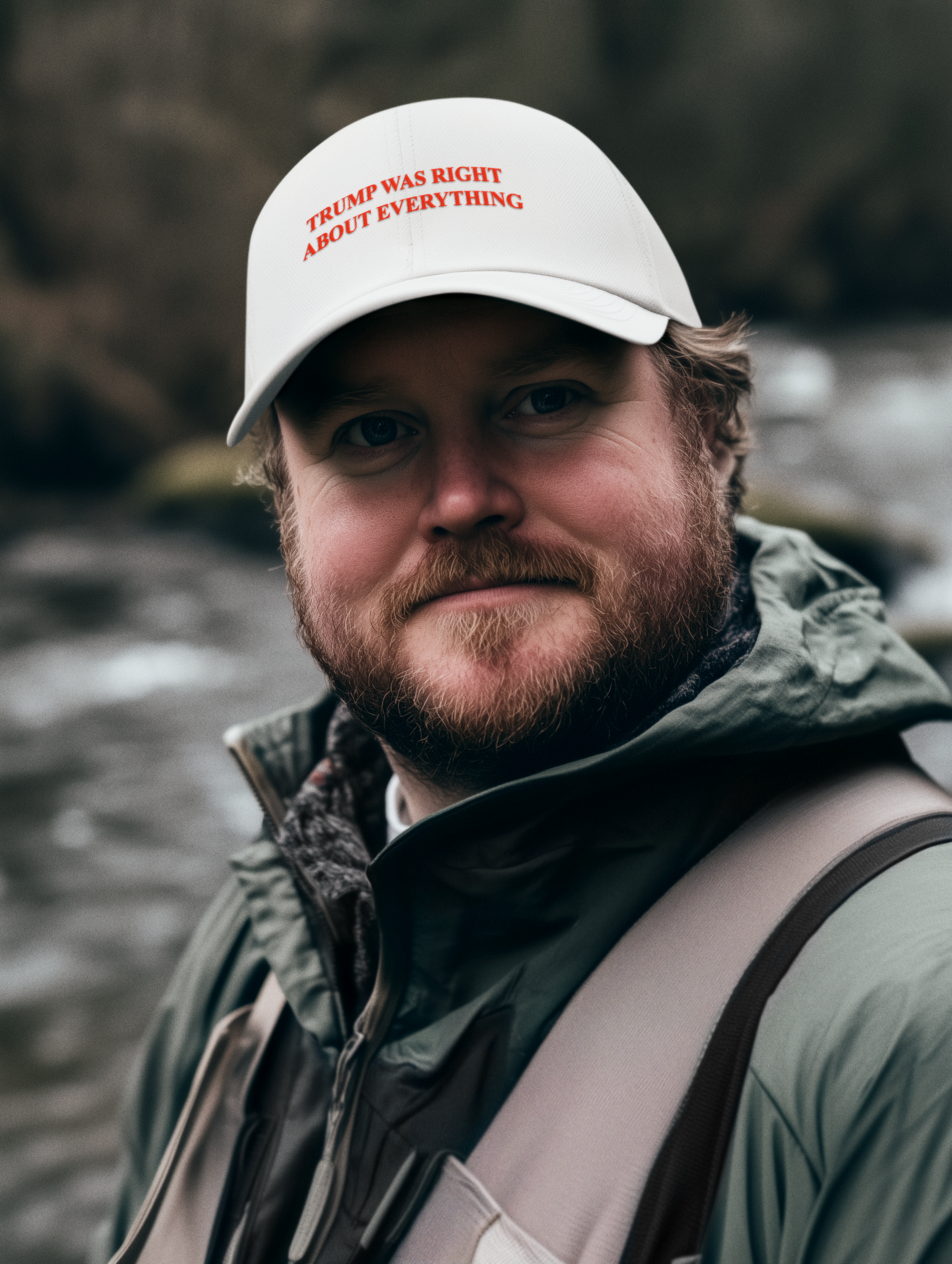 Man wearing a cap that says 'TRUMP WAS RIGHT ABOUT EVERYTHING' near water, promoting Trump Right Everything Red Ink.