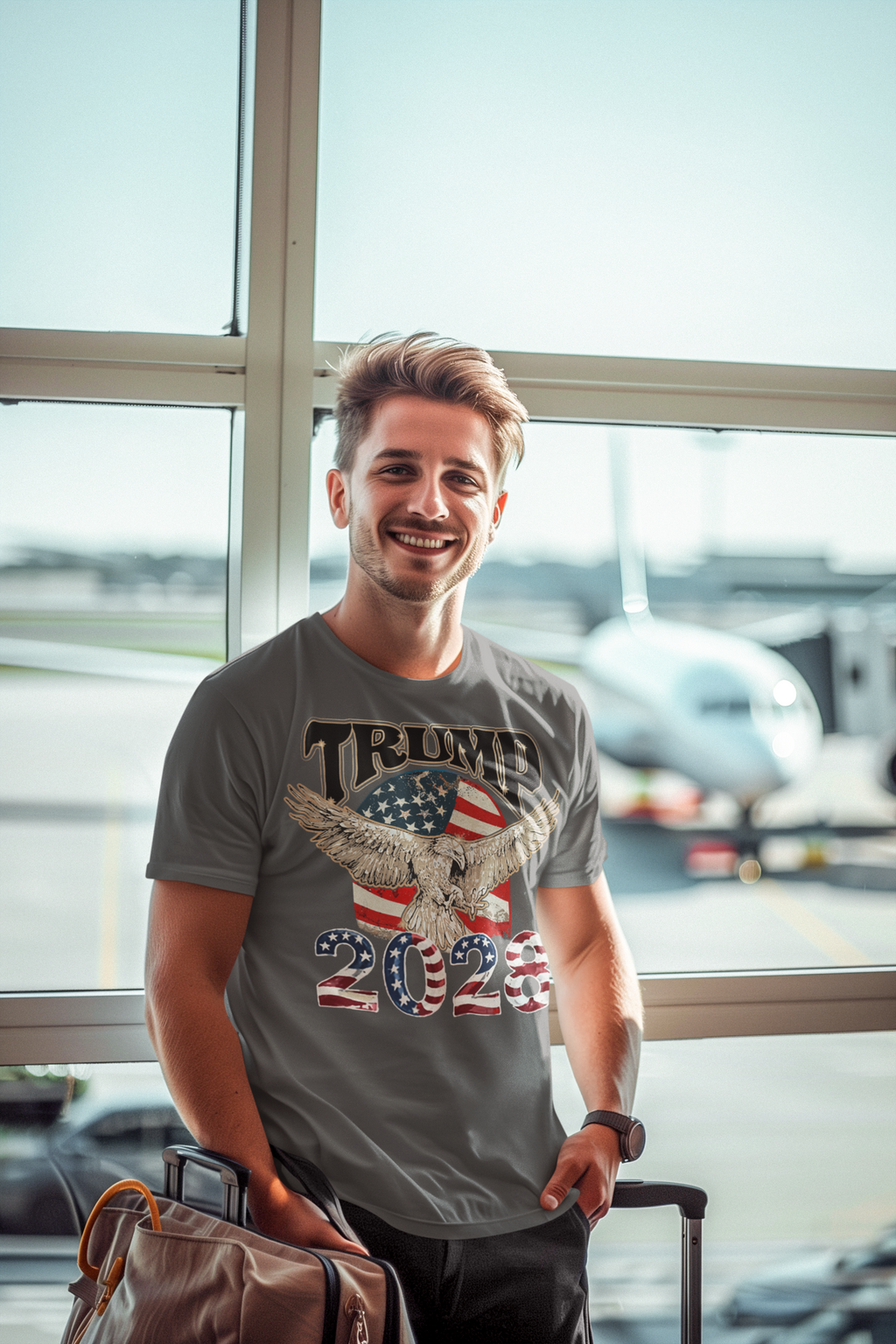 A smiling man wearing a Trump 2028 On USA Flag And Eagle t-shirt at the airport.