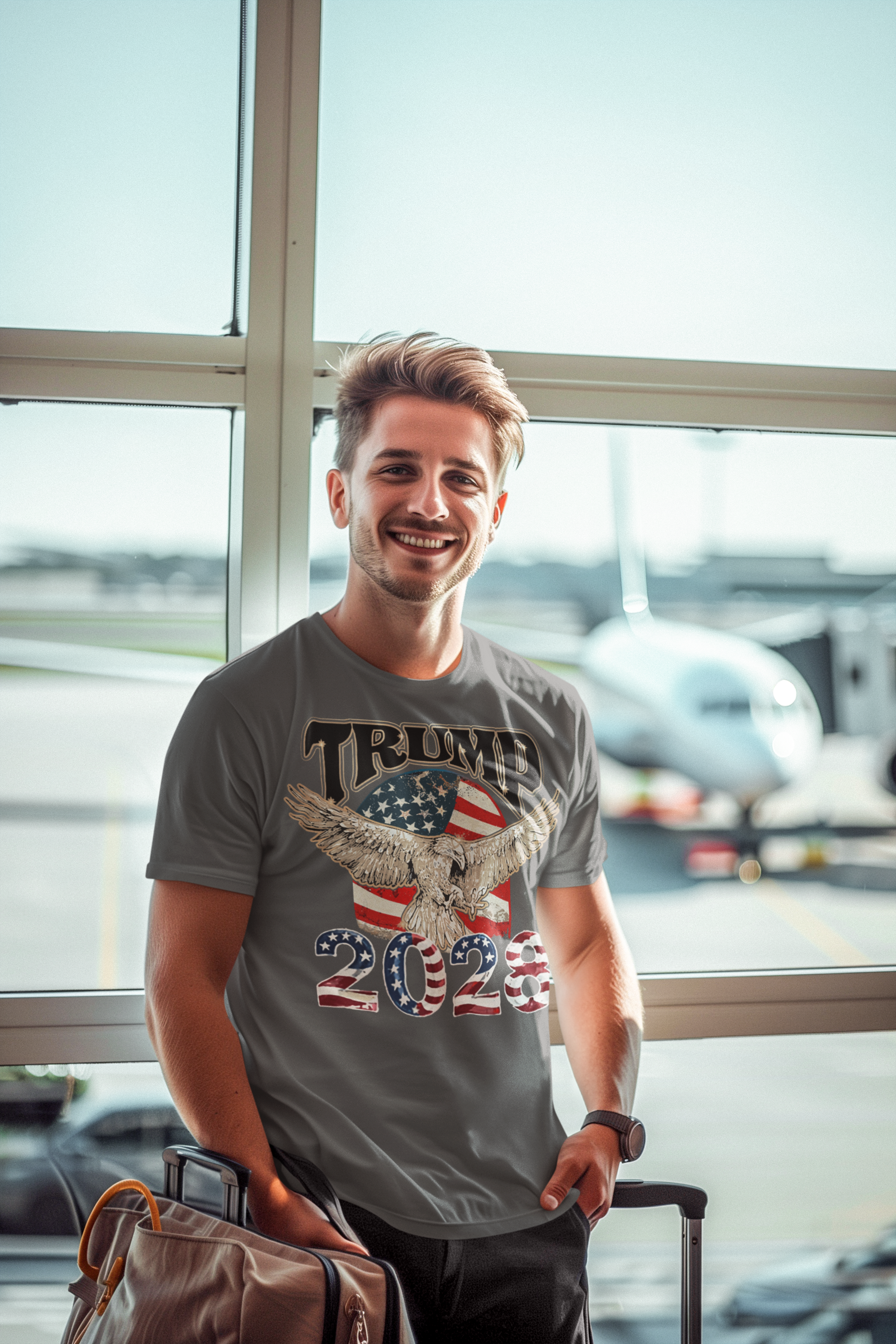 A smiling man wearing a Trump 2028 On USA Flag And Eagle t-shirt at the airport.