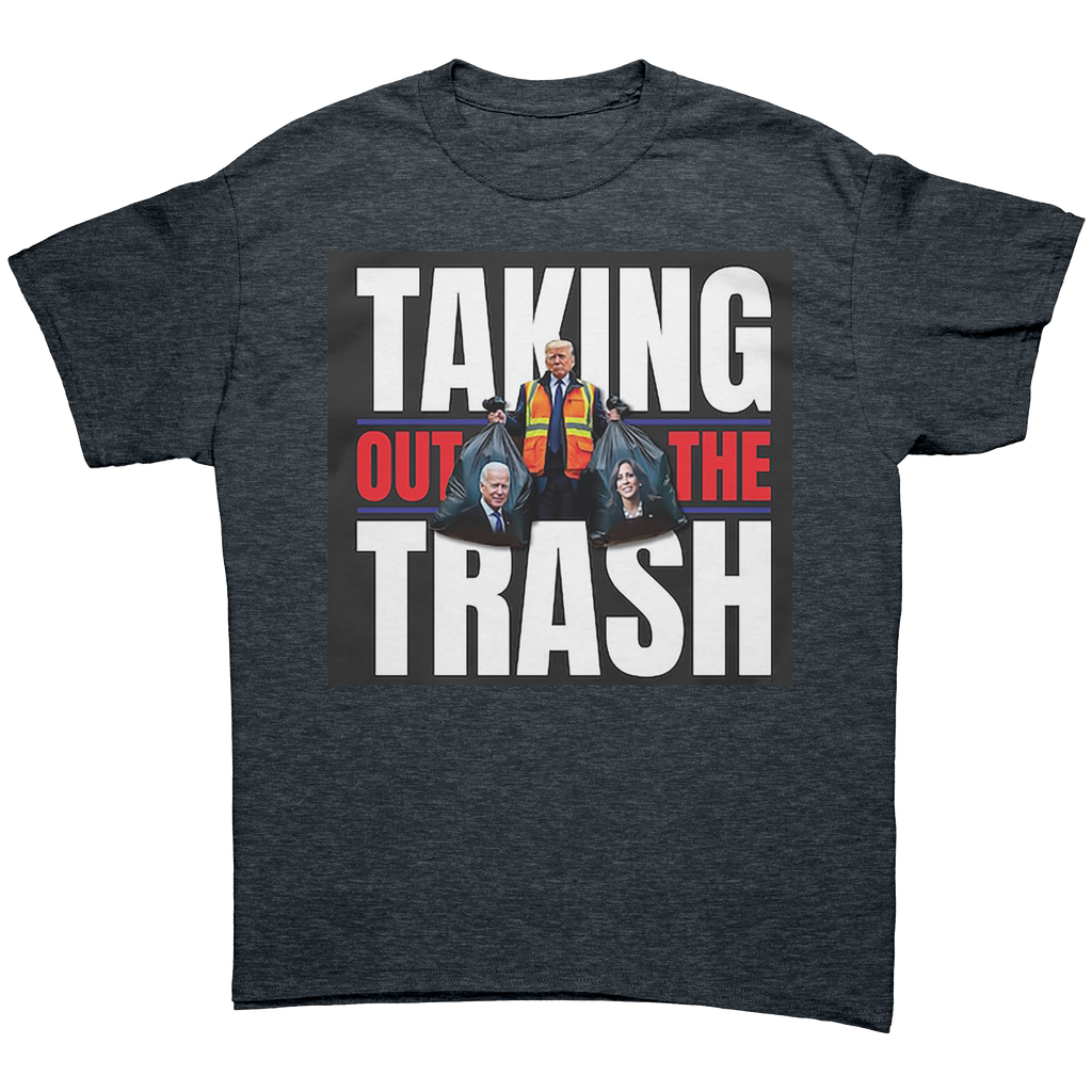 Taking Out The Trash Graphic Art tee featuring bold text and imagery of political figures.