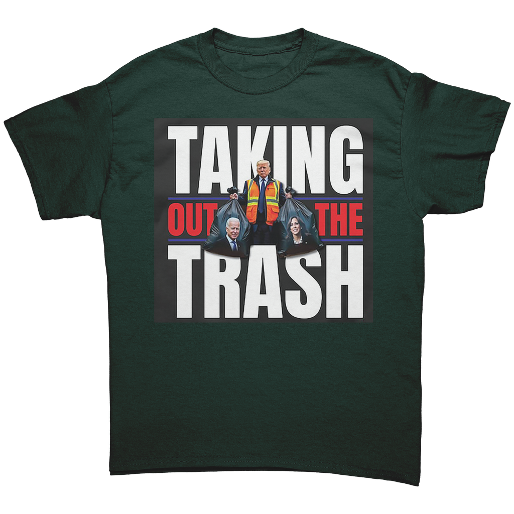 Taking Out The Trash Graphic Art tee featuring bold text and vibrant imagery, ideal for expressing personal values.