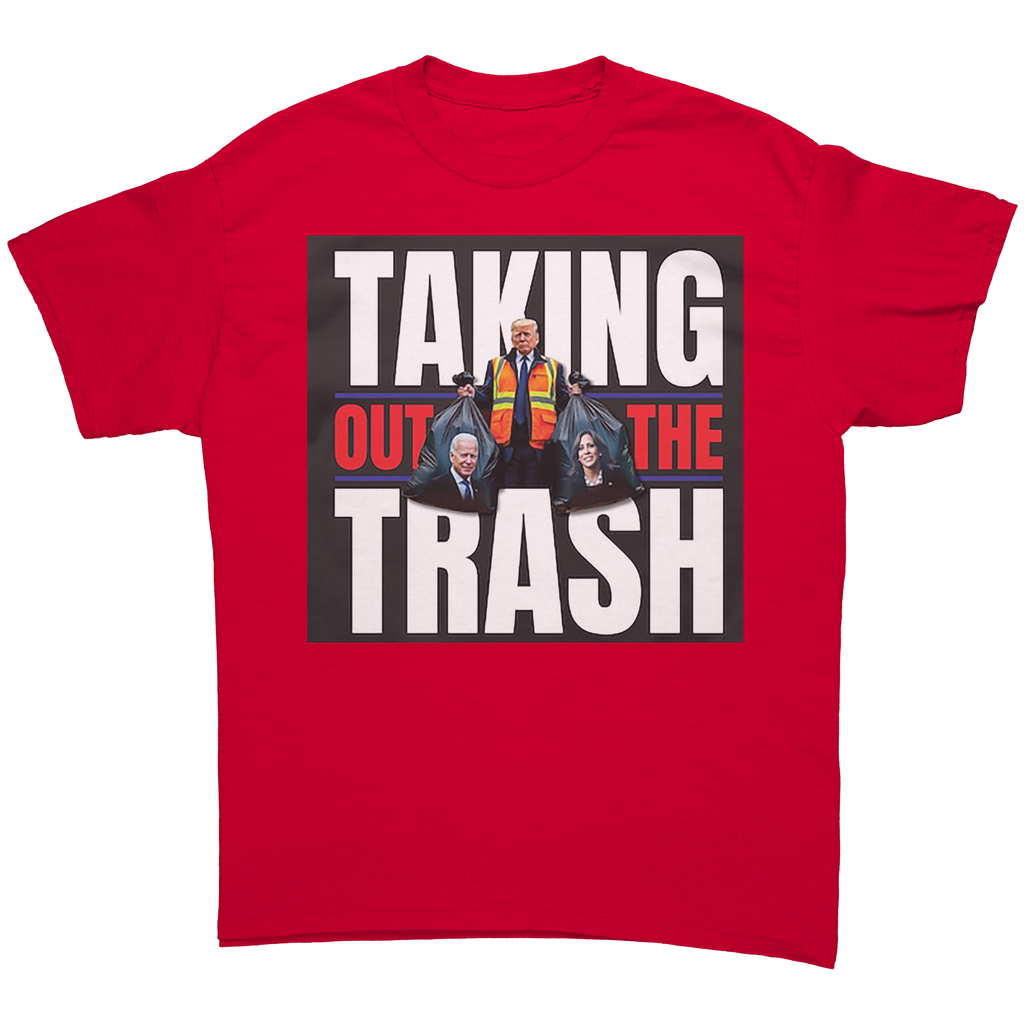 Taking Out The Trash Graphic Art tee featuring bold text and graphic design on a red background.