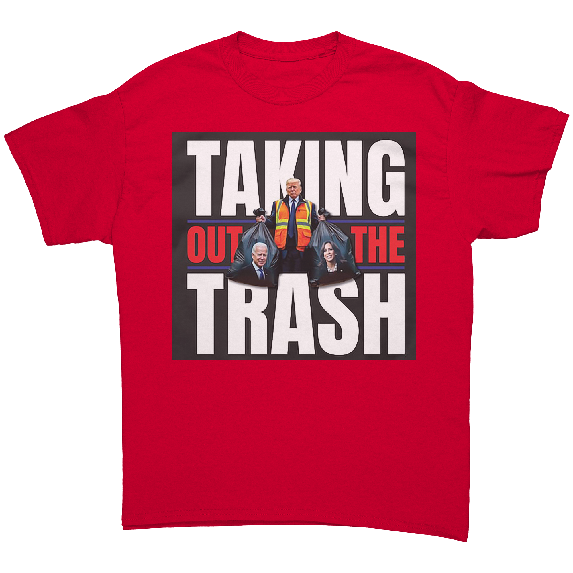 Taking Out The Trash Graphic Art tee featuring bold text and graphic design on a red background.