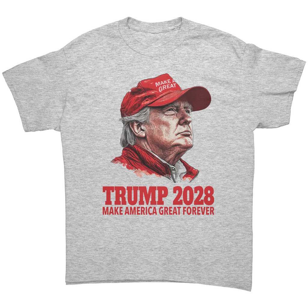 Trump 2028 Make America Great Forever graphic tee featuring a portrait of Trump.