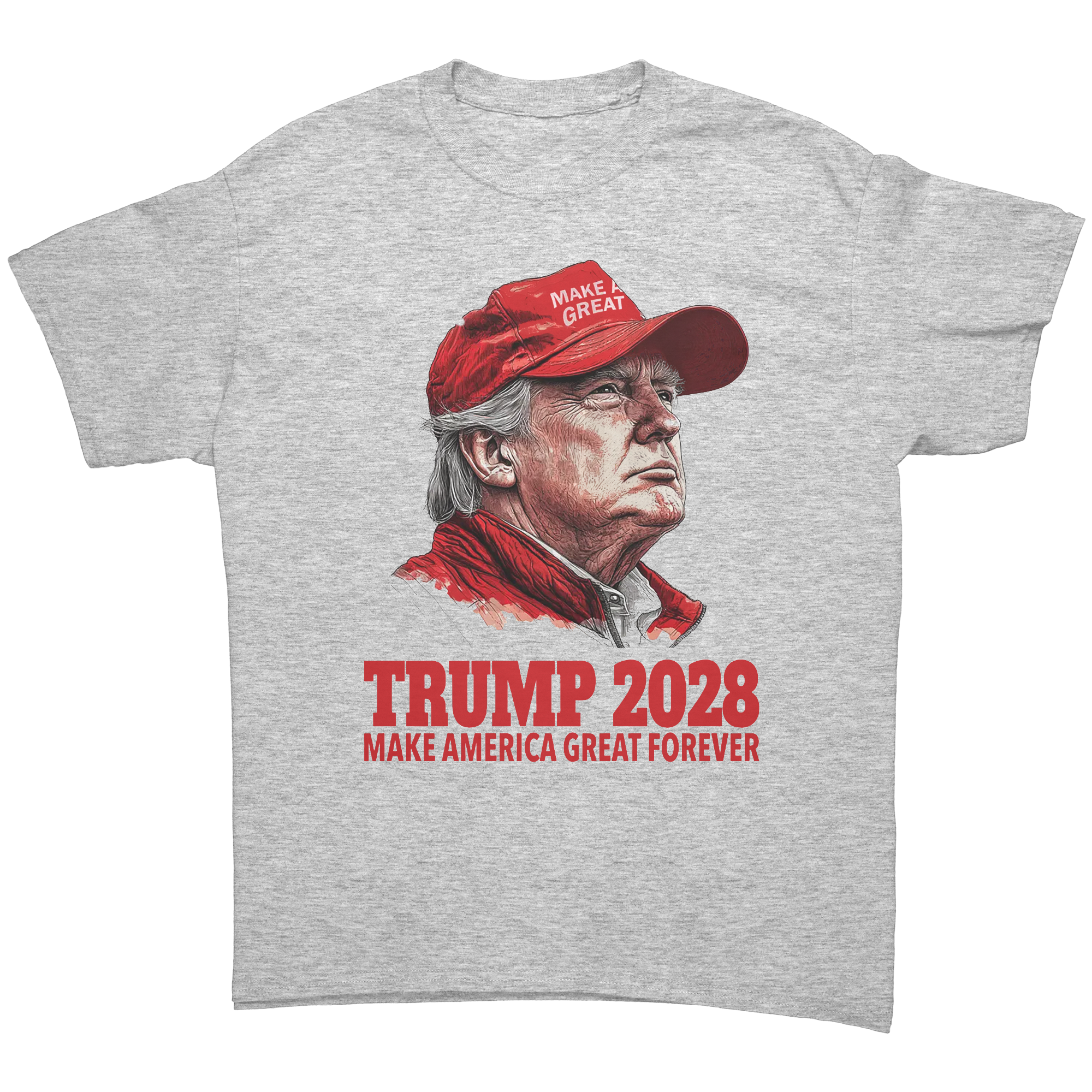 Trump 2028 Make America Great Forever graphic tee featuring a portrait of Trump.