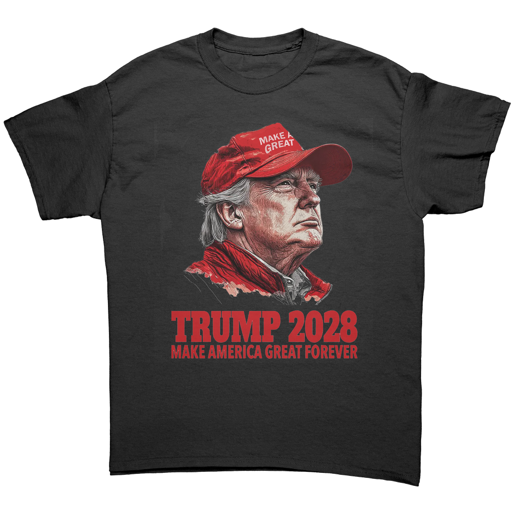 Trump 2028 Make America Great Forever graphic tee featuring a portrait and slogan design.