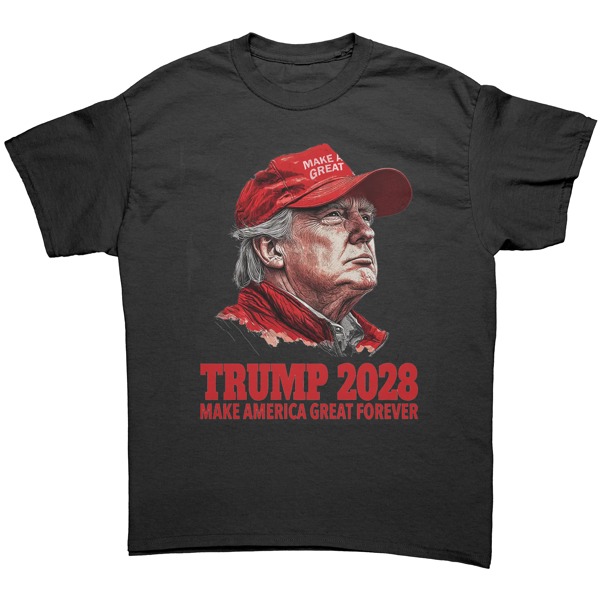 Trump 2028 Make America Great Forever graphic tee featuring a portrait and slogan design.