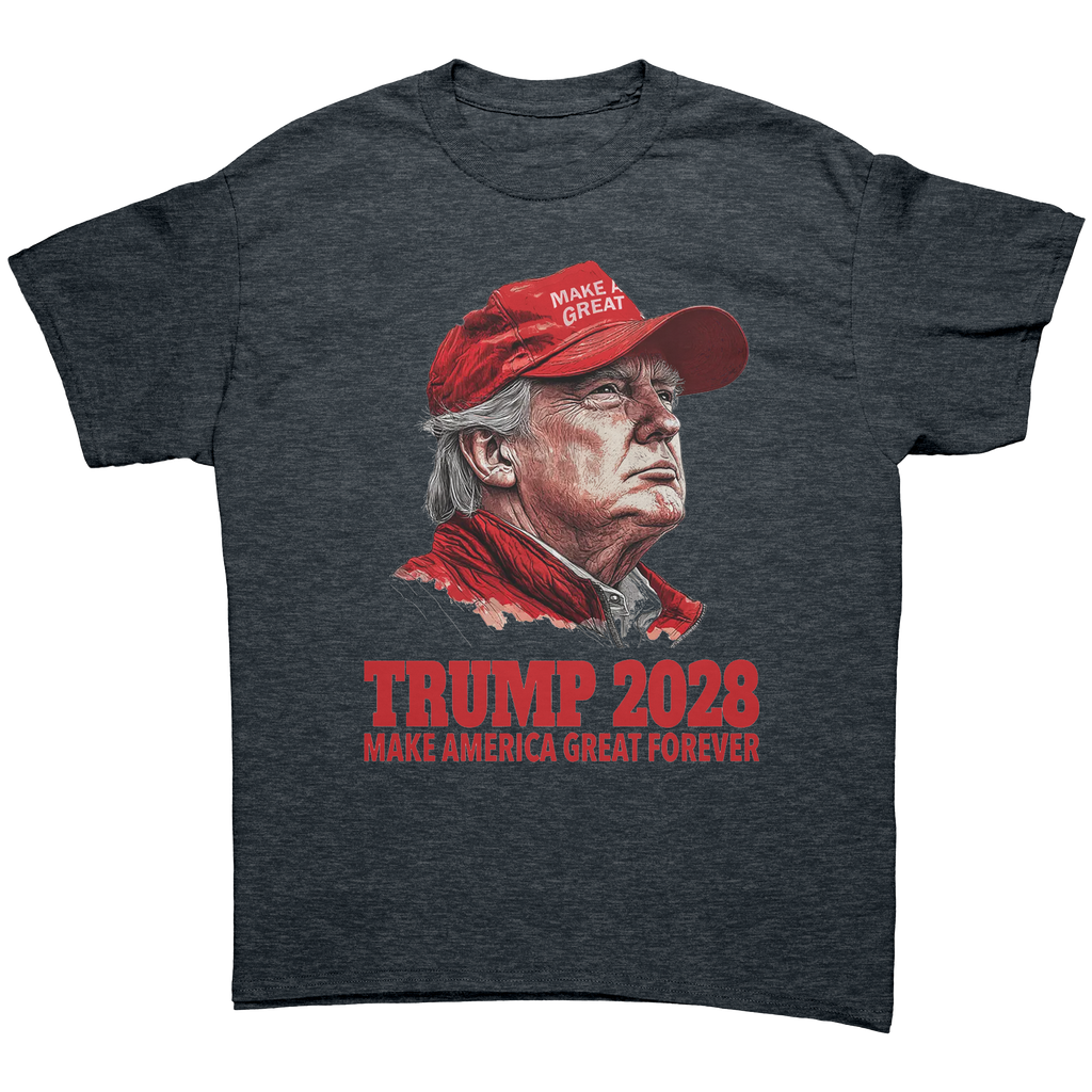 Trump 2028 Make America Great Forever graphic tee featuring an illustration of Trump.
