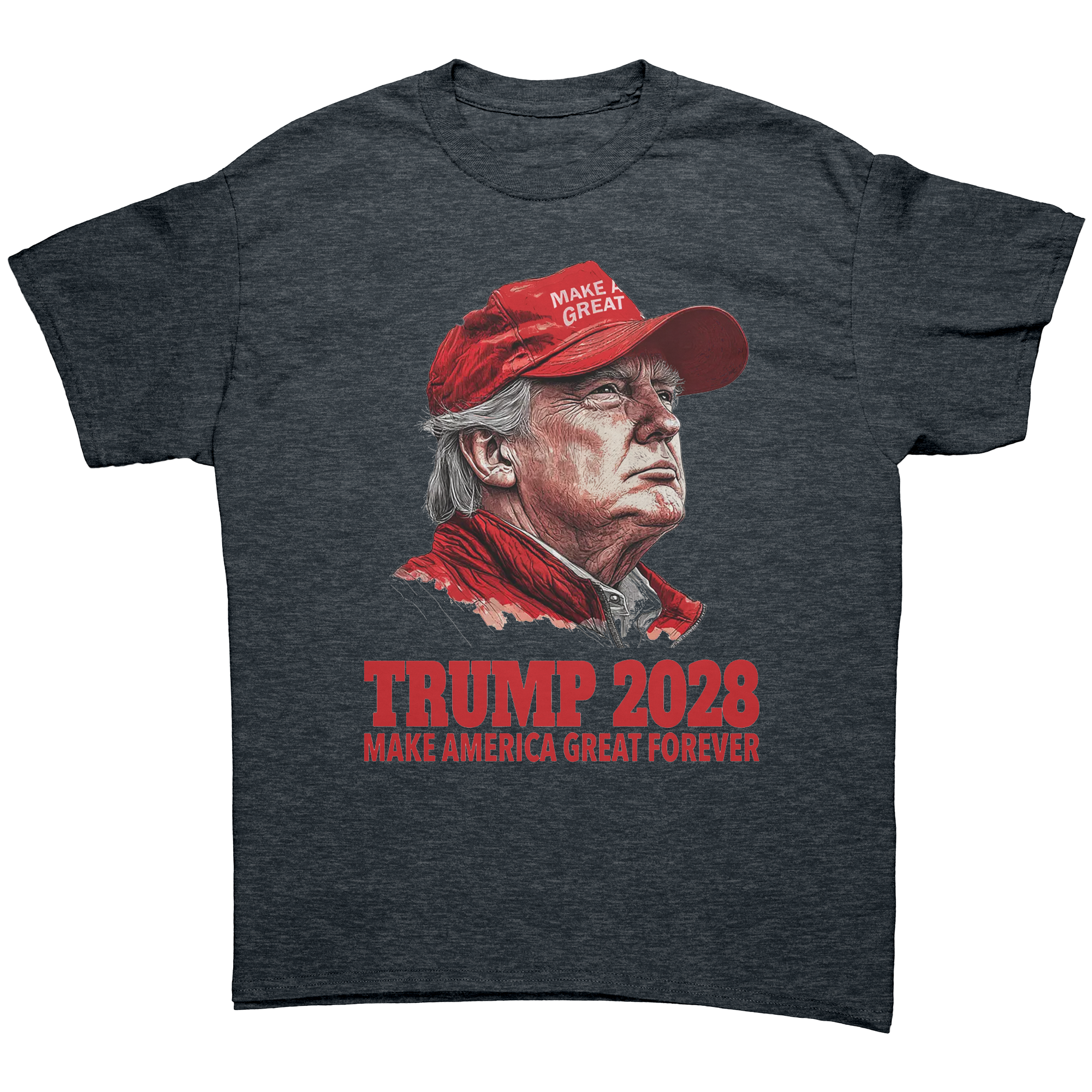 Trump 2028 Make America Great Forever graphic tee featuring an illustration of Trump.