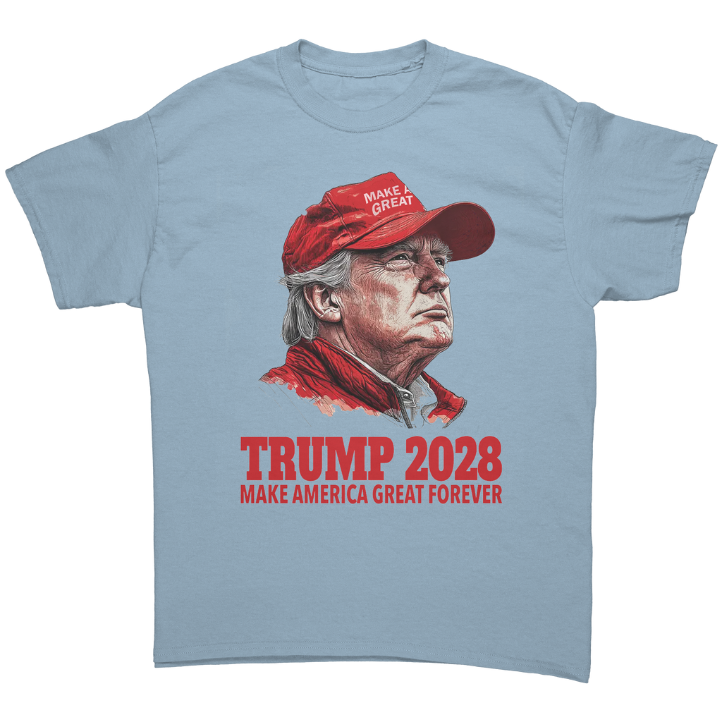 Trump 2028 Make America Great Forever graphic tee featuring a portrait of Trump in a red cap.