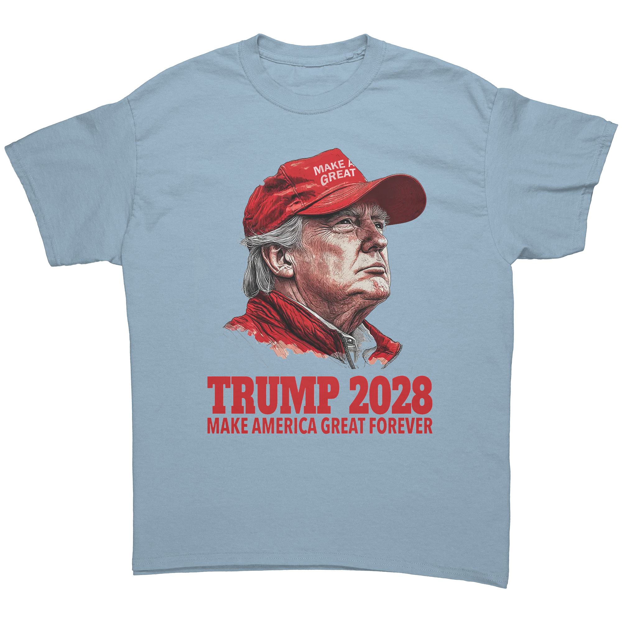 Trump 2028 Make America Great Forever graphic tee featuring a portrait of Trump in a red cap.