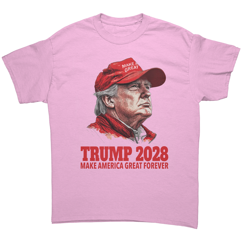 Trump 2028 Make America Great Forever graphic tee featuring Donald Trump illustration.