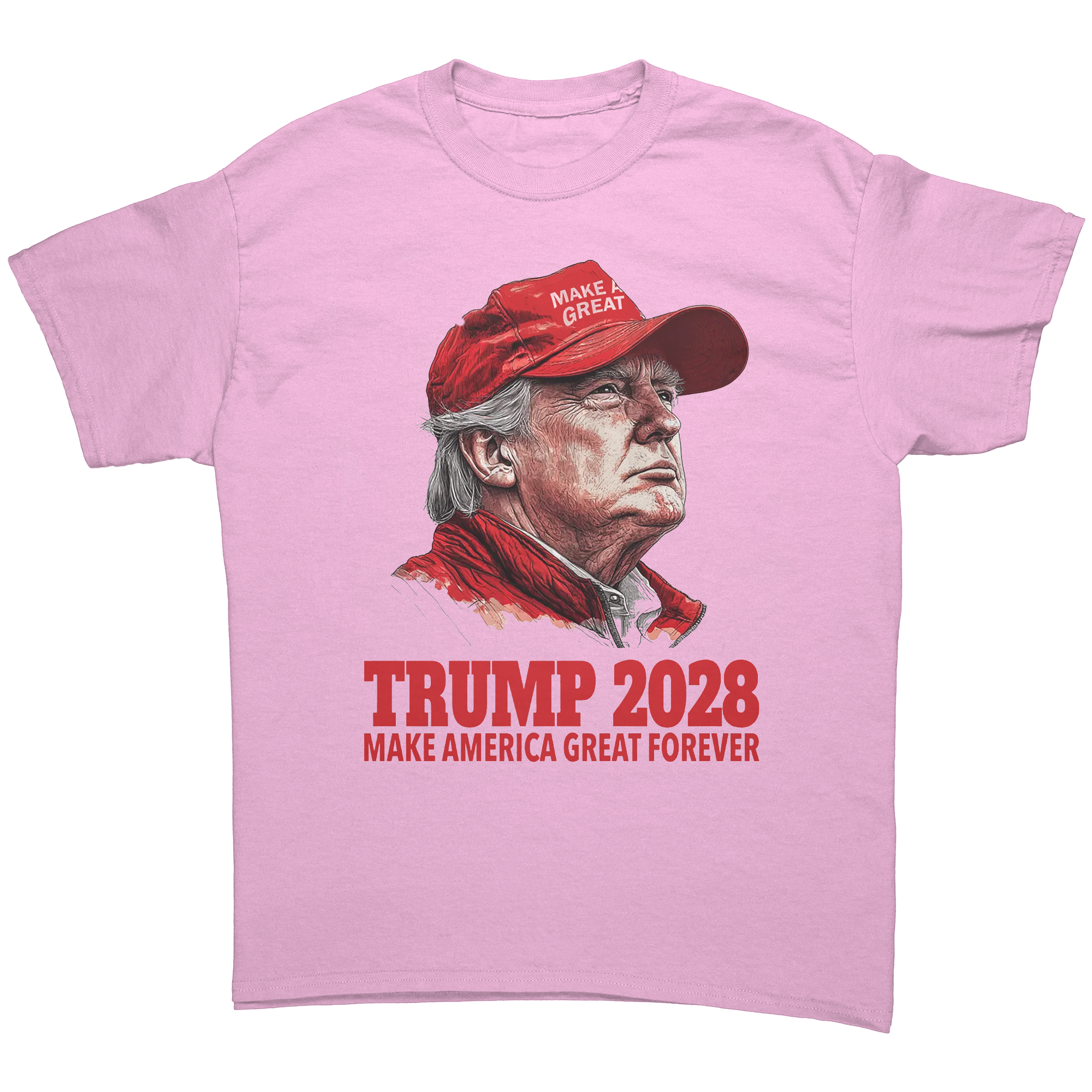 Trump 2028 Make America Great Forever graphic tee featuring Donald Trump illustration.