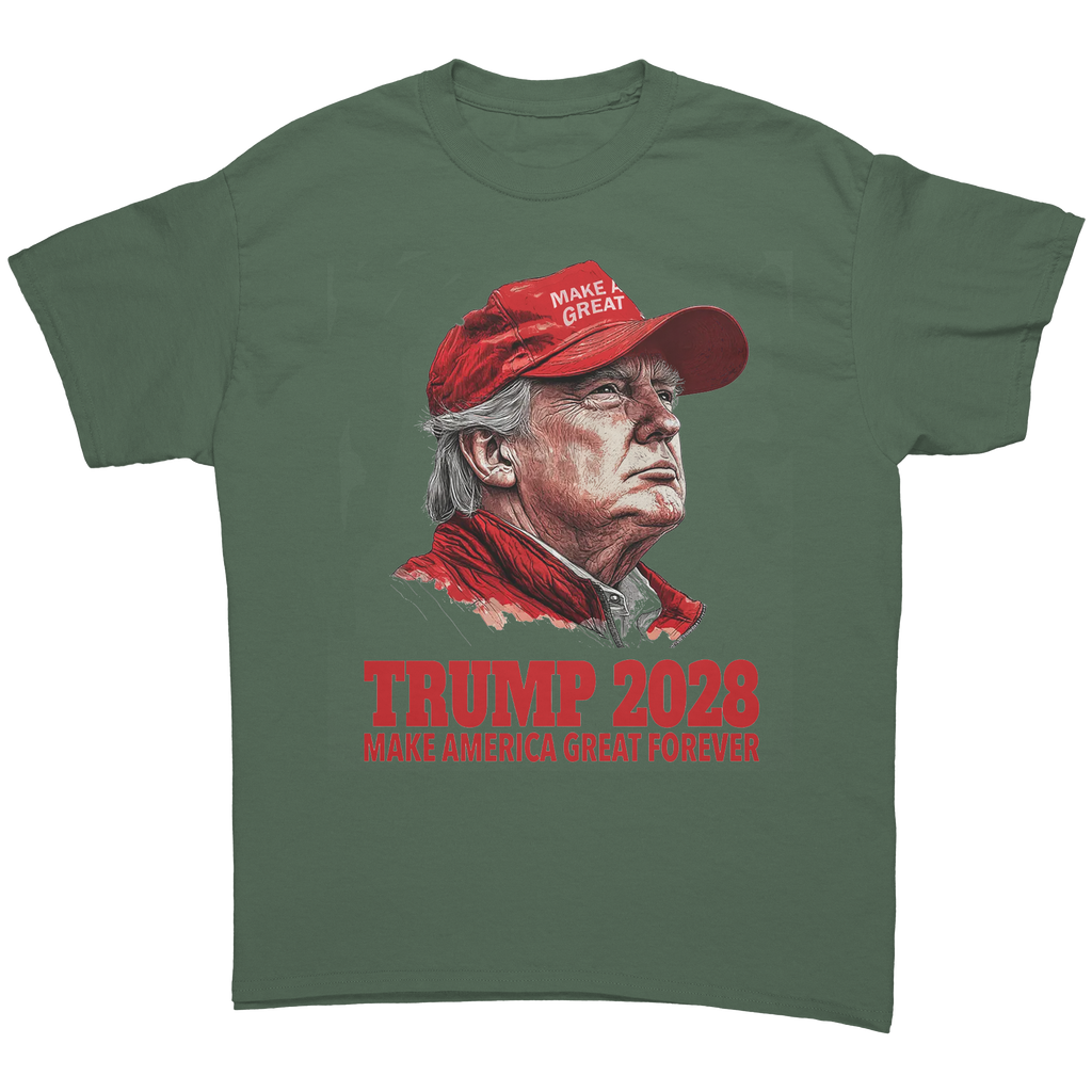 Trump 2028 Make America Great Forever graphic tee featuring a portrait of Trump wearing a red hat.