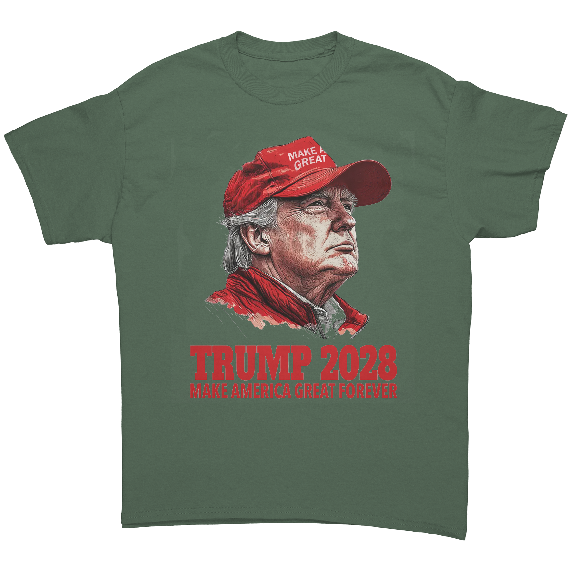 Trump 2028 Make America Great Forever graphic tee featuring a portrait of Trump wearing a red hat.