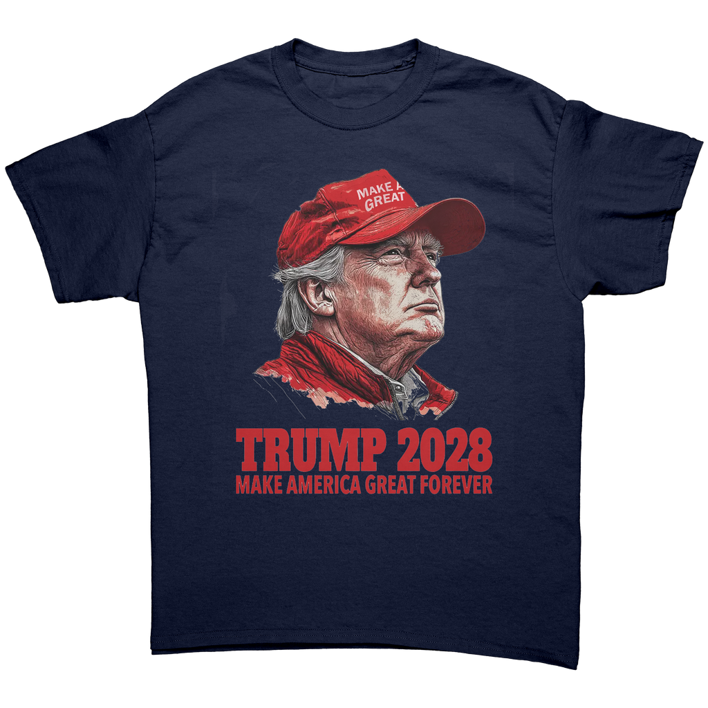 Trump 2028 Make America Great Forever graphic tee featuring Donald Trump design.