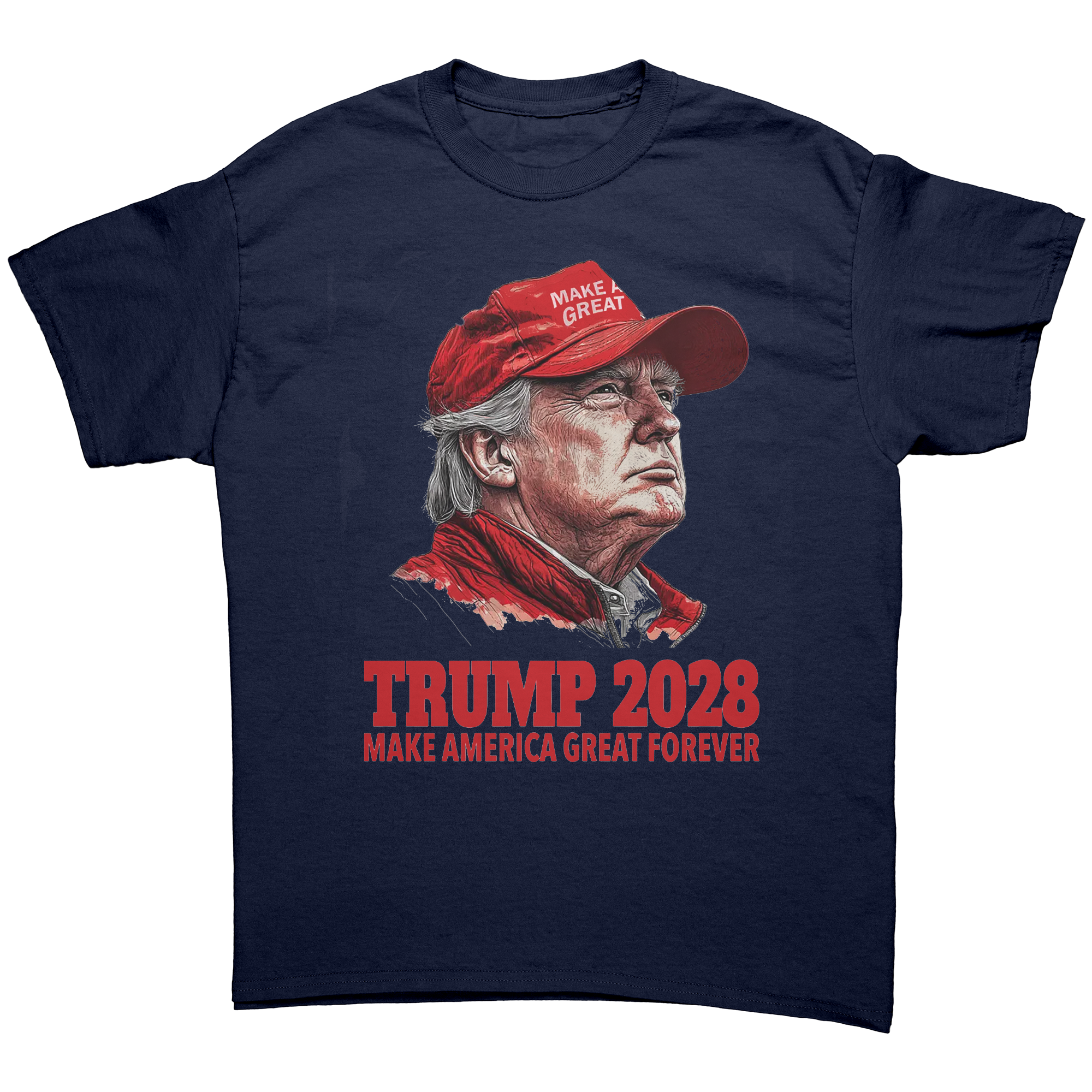 Trump 2028 Make America Great Forever graphic tee featuring Donald Trump design.