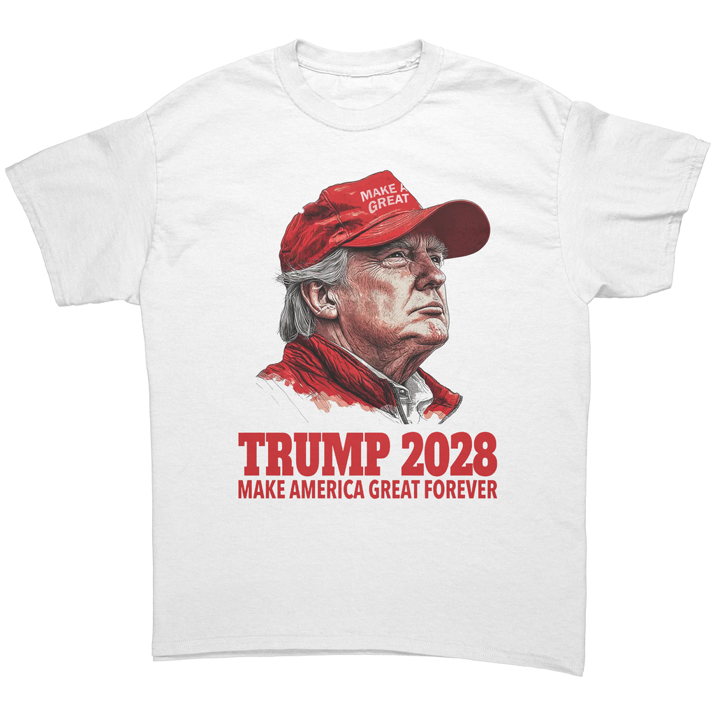 Trump 2028 Make America Great Forever graphic tee featuring Donald Trump design.