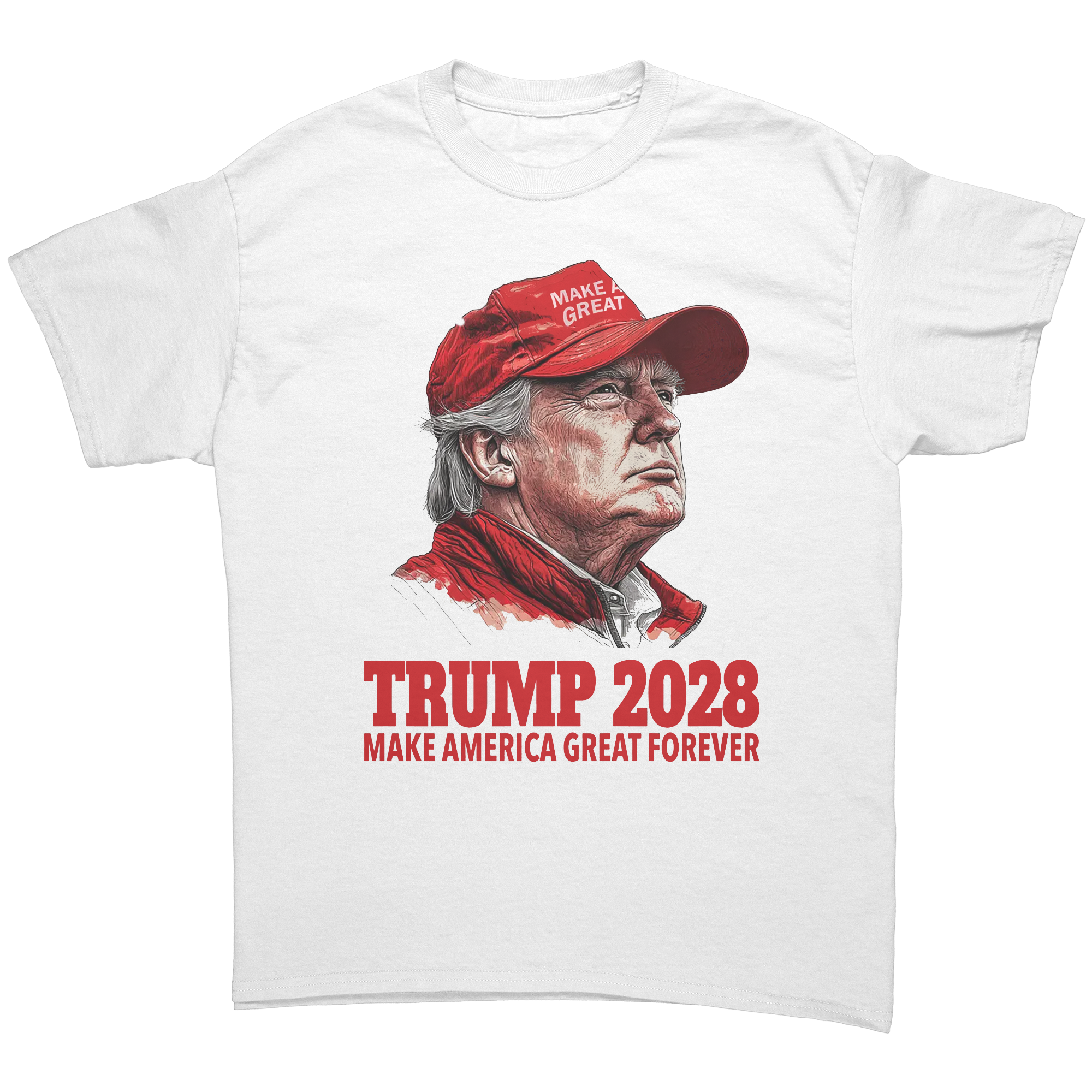 Trump 2028 Make America Great Forever graphic tee featuring Donald Trump design.