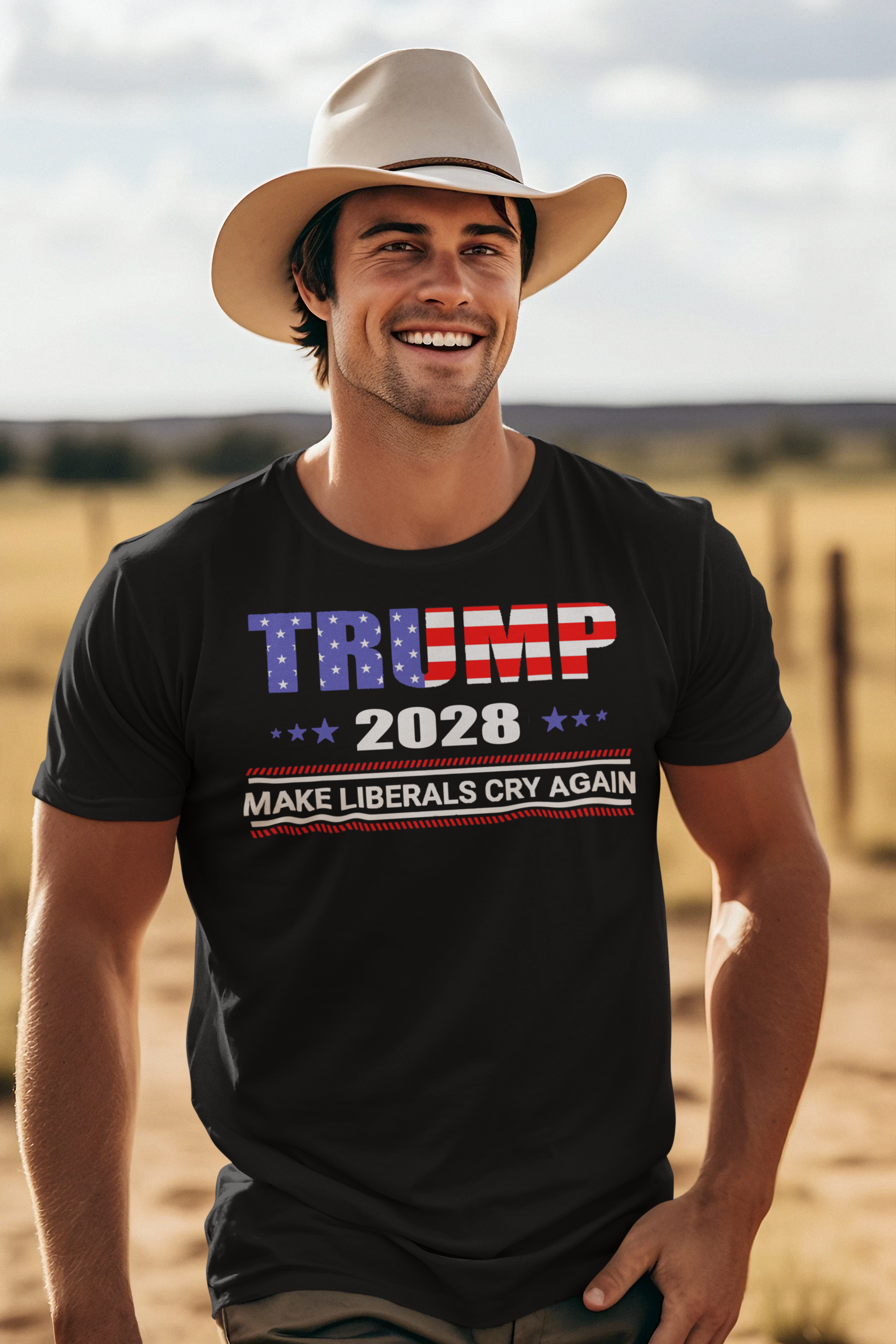 Trump 2028 Make Liberals Cry Again graphic t-shirt model wearing a cowboy hat in an outdoor setting.