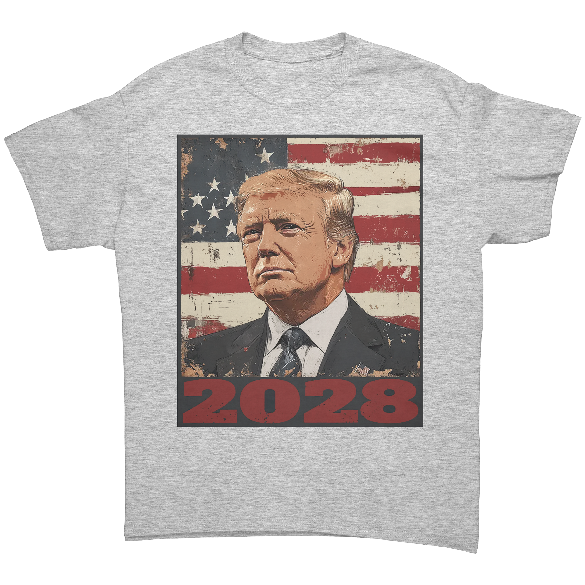 Trump 2028 USA Flag Motif Gear graphic tee featuring a portrait of Trump against an American flag background.