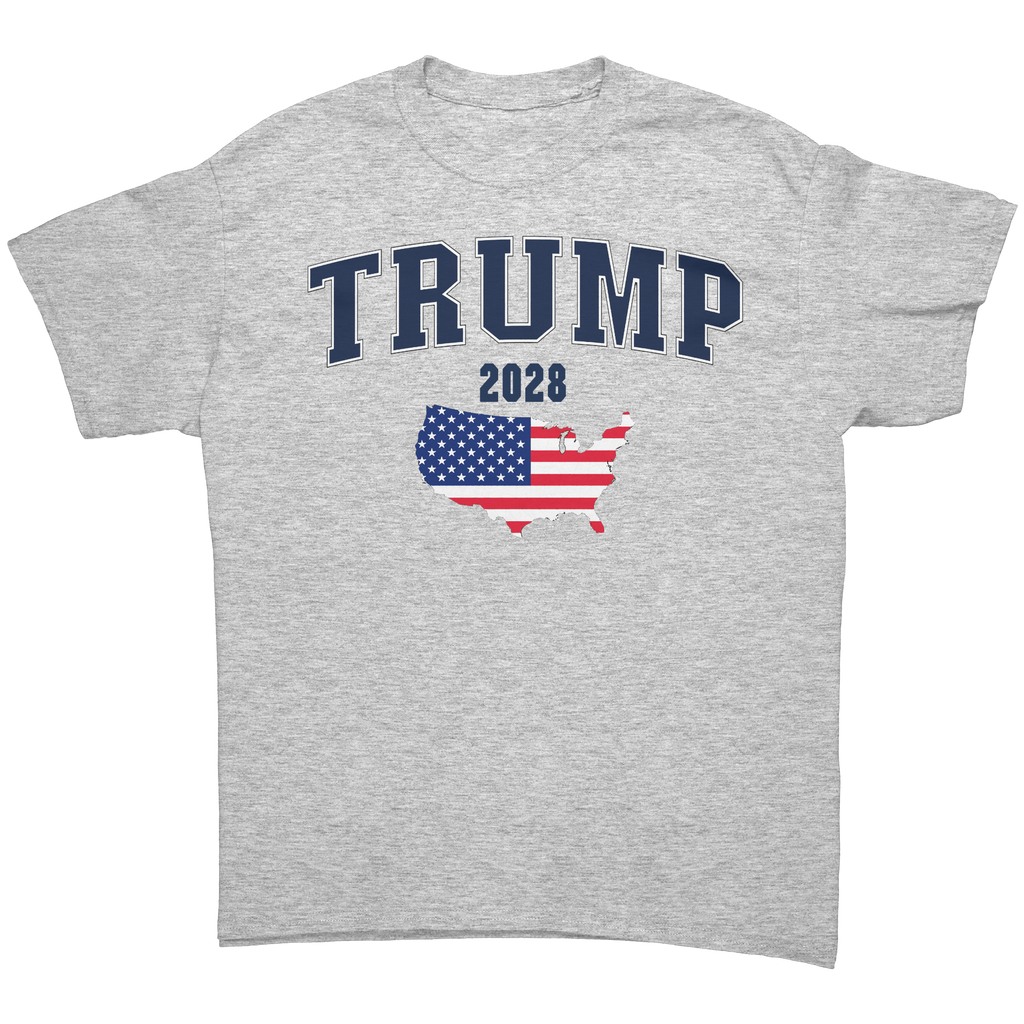 USA Flag Trump 2028 Campaign Art graphic tee featuring the USA flag and Trump 2028 design on a gray shirt.